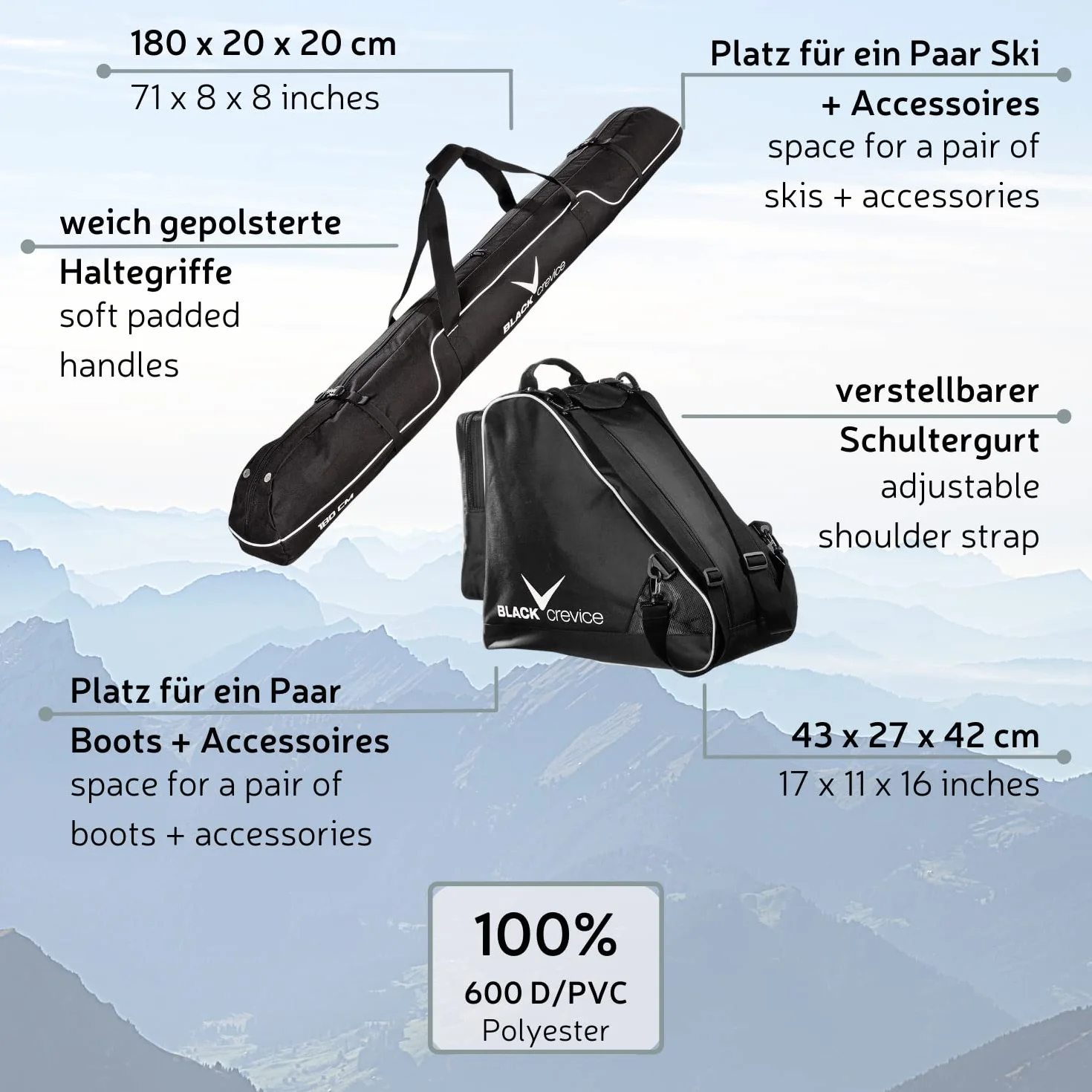 Set de Sacs de Ski Robustes 600D/PVC avec bandoulière 180x20x20cm 43x27x42cm