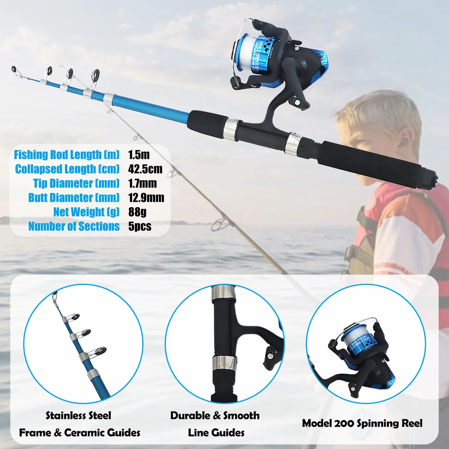 Kit De Pêche pour Enfants 1.5 M Canne À Pêche Télescopique Ensemble avec Moulinet