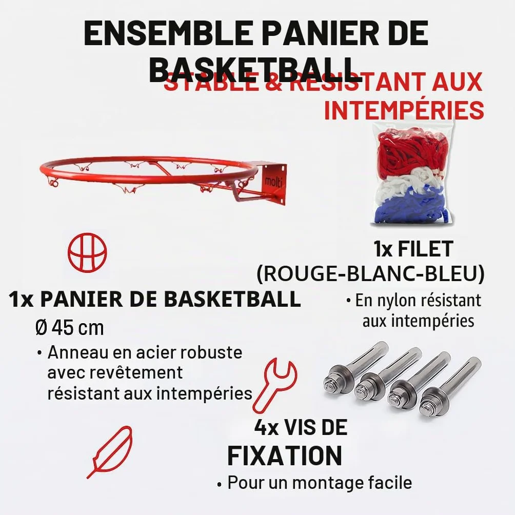 Panier de basket Ø 45 cm/37 cm HangRing avec filet et vis de fixation extérieur