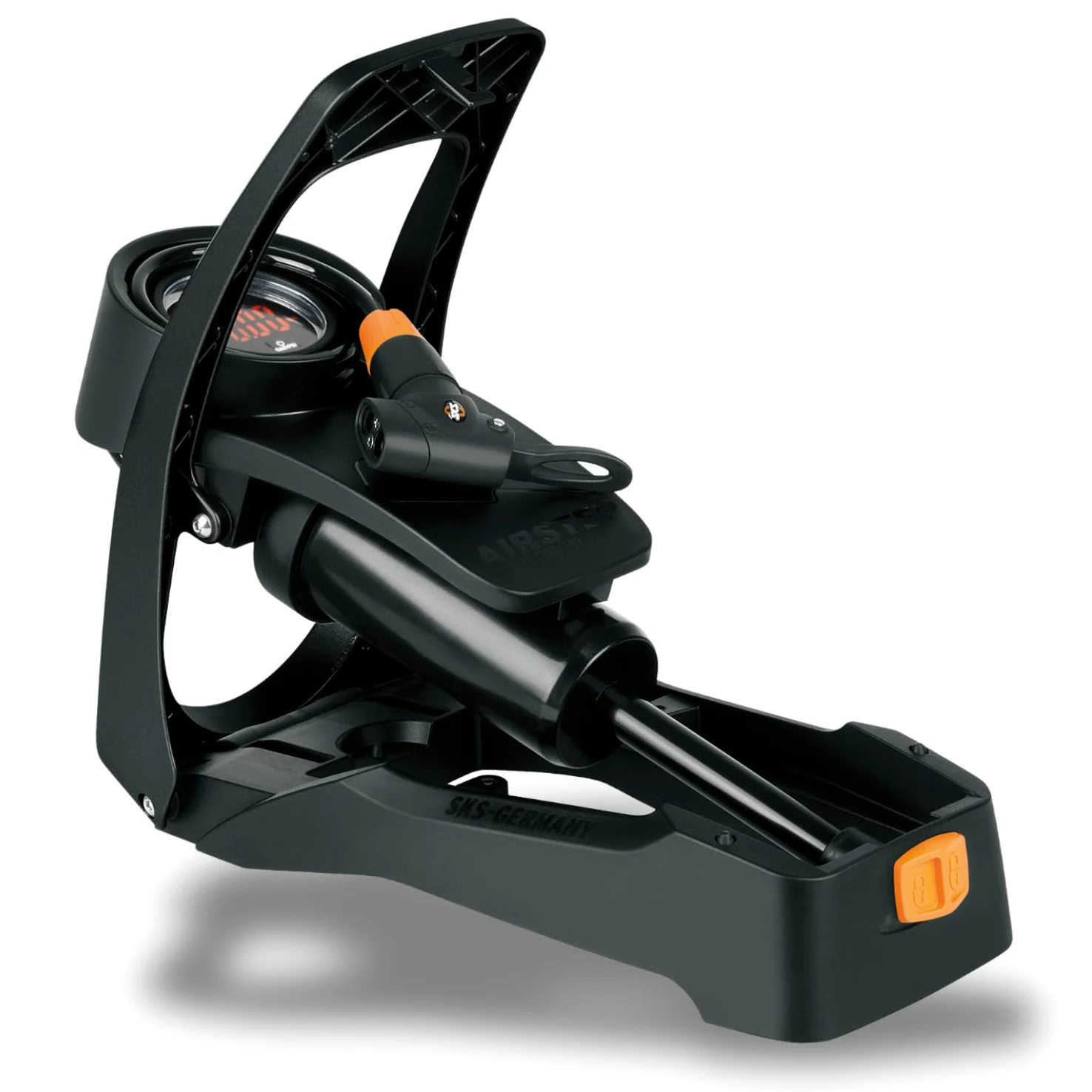 SKS GERMANY Airstep Digi Pompe à Pied avec manomètre numérique (Pompe à air avec raccord Multi Valve, précision de Mesure, avec manomètre numérique LED précis, Pression Max.: 7 bar/102 psi), Noir