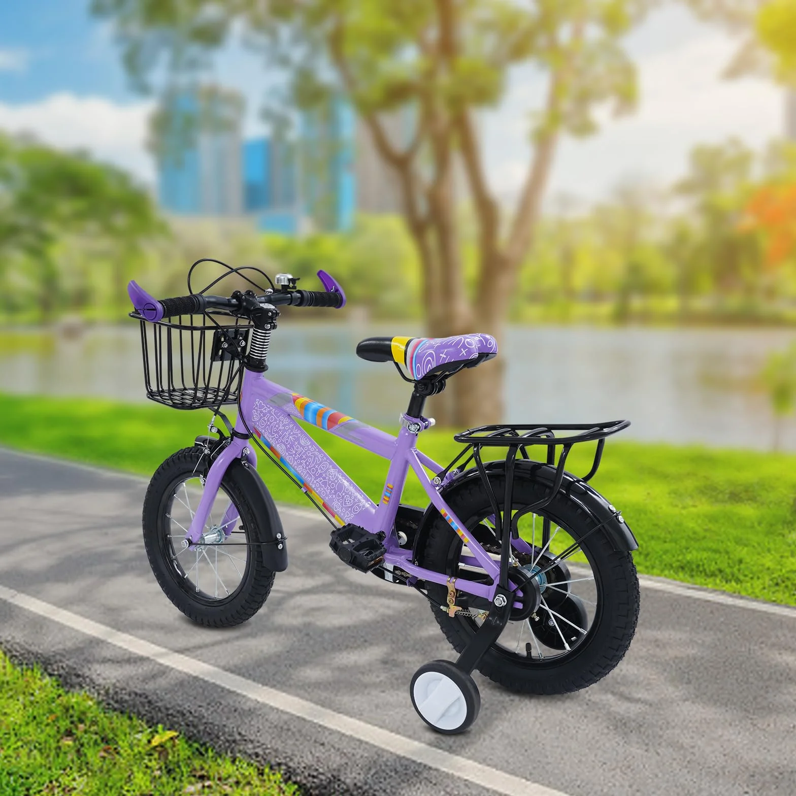 Vélo pour enfant 14 pouces avec siège arrière, panier et roues stabilisatrices, hauteur réglable 3 ans