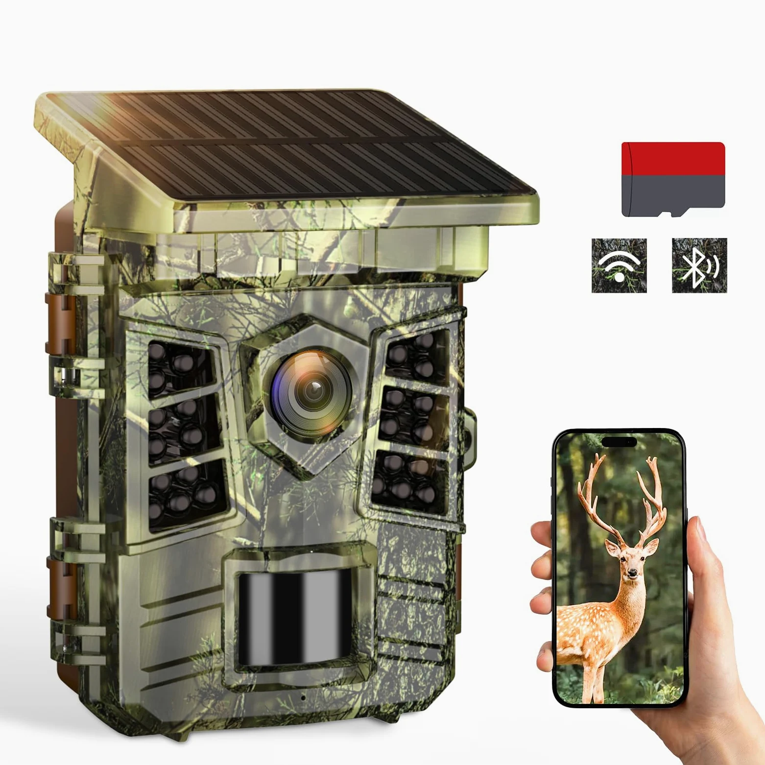 Coolifepro Caméra de Chasse Solaire, 60MP 4K WiFi Bluetooth Camera Chasse, Batterie Rechargeable Intégrée de 2600mAh, 25M Caméra Infrarouge, Grand Angle 100° avec Carte 32GB