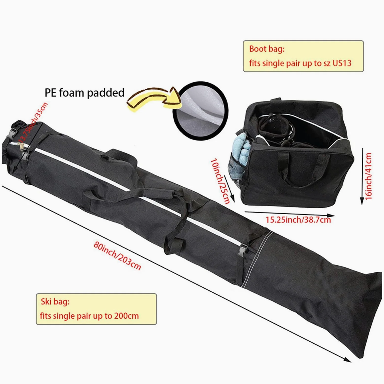 Housse de ski Sac De Transport Matelassé Imperméable En Toile Oxford | Housse De Transport À Skis Pour Adolescents et Adultes Passionnés Protège Objets de Amortissant Bottes