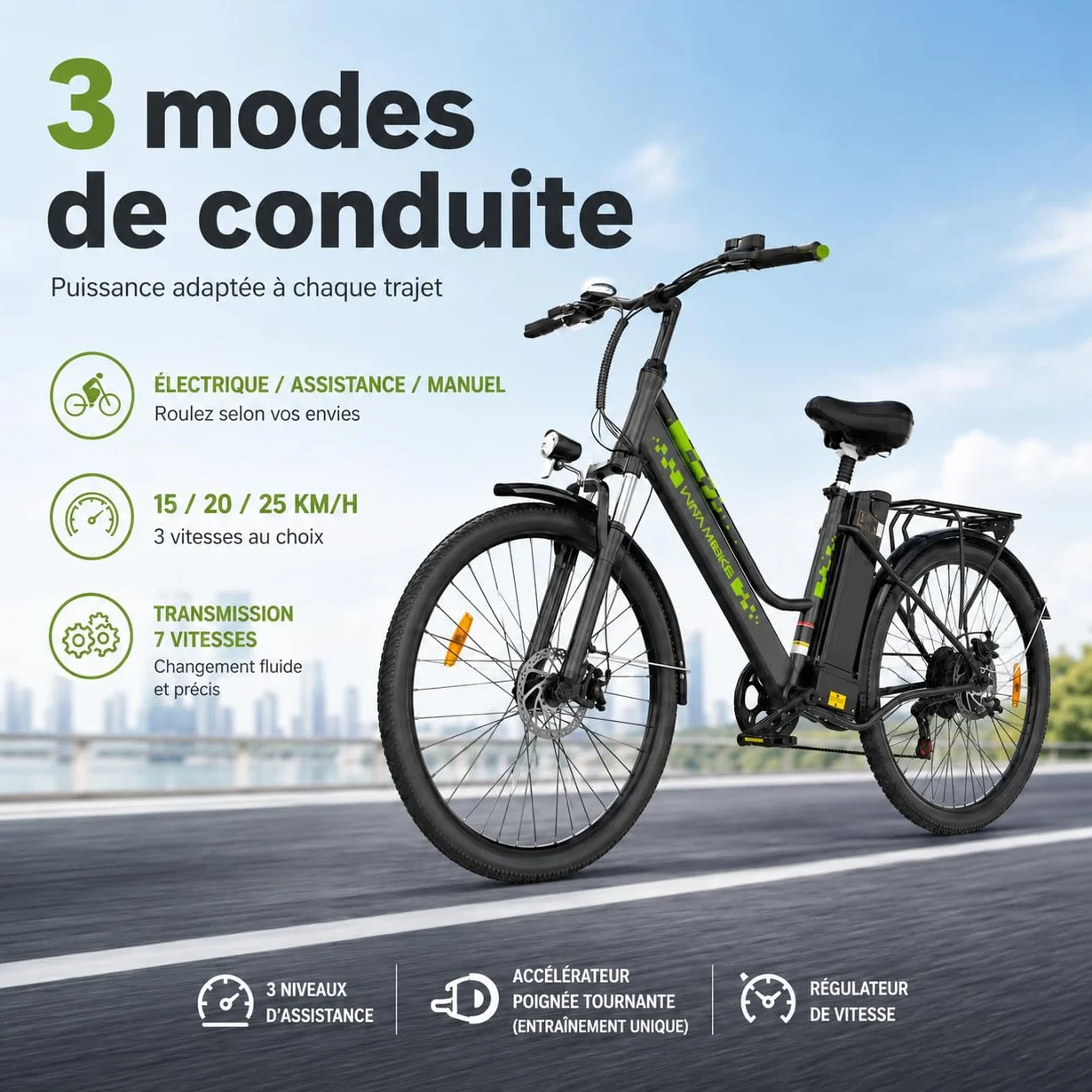 Vélo Électrique 26 Pouces 250W 36V 15Ah Batterie Amovible Smart Urban E-Bike Adulte