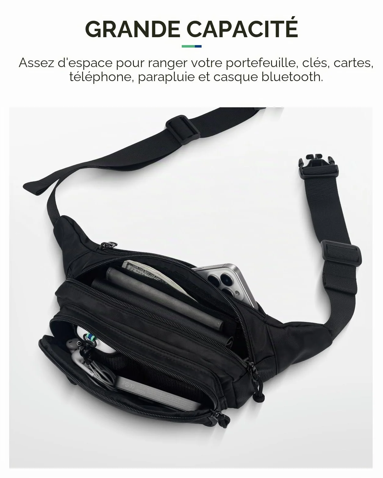 Waterfly Sac Banane Homme Femme Grand Bumbag 5 Poches Zippées Hipbag Unisexe Sacoche Banane de Sport Randonnée Cyclisme