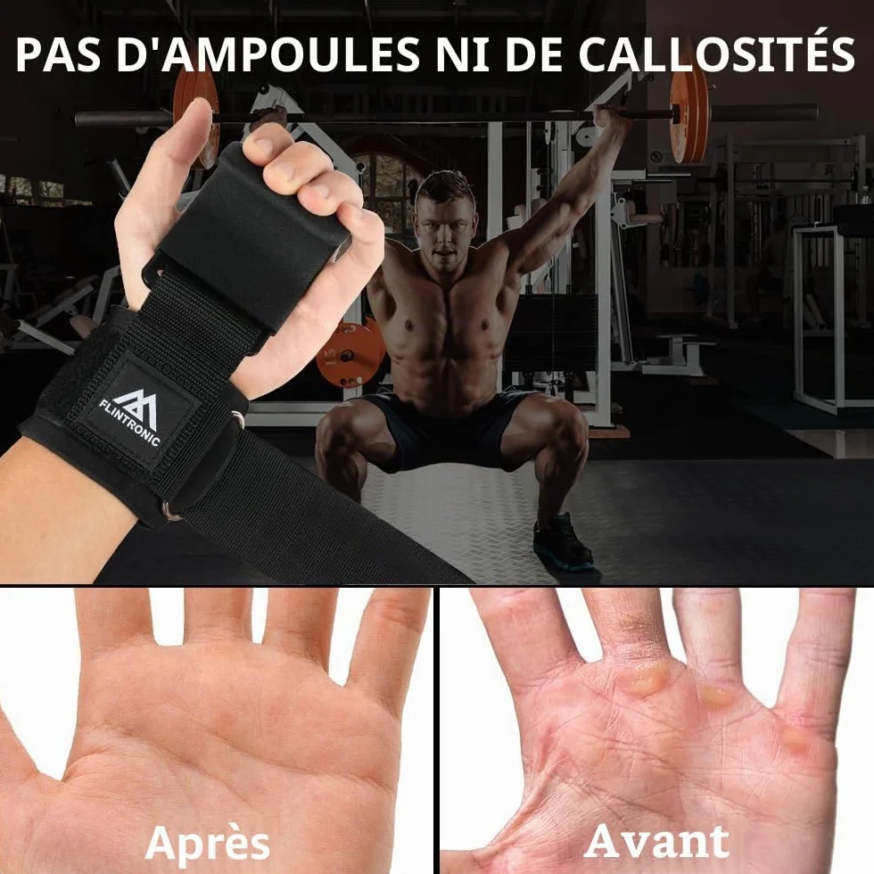 Flintronic Crochets d'haltérophilie 8 cm Néoprène Rembourré Bandage Poignet pour Powerlifting Levage Tirage Barre Crossfit