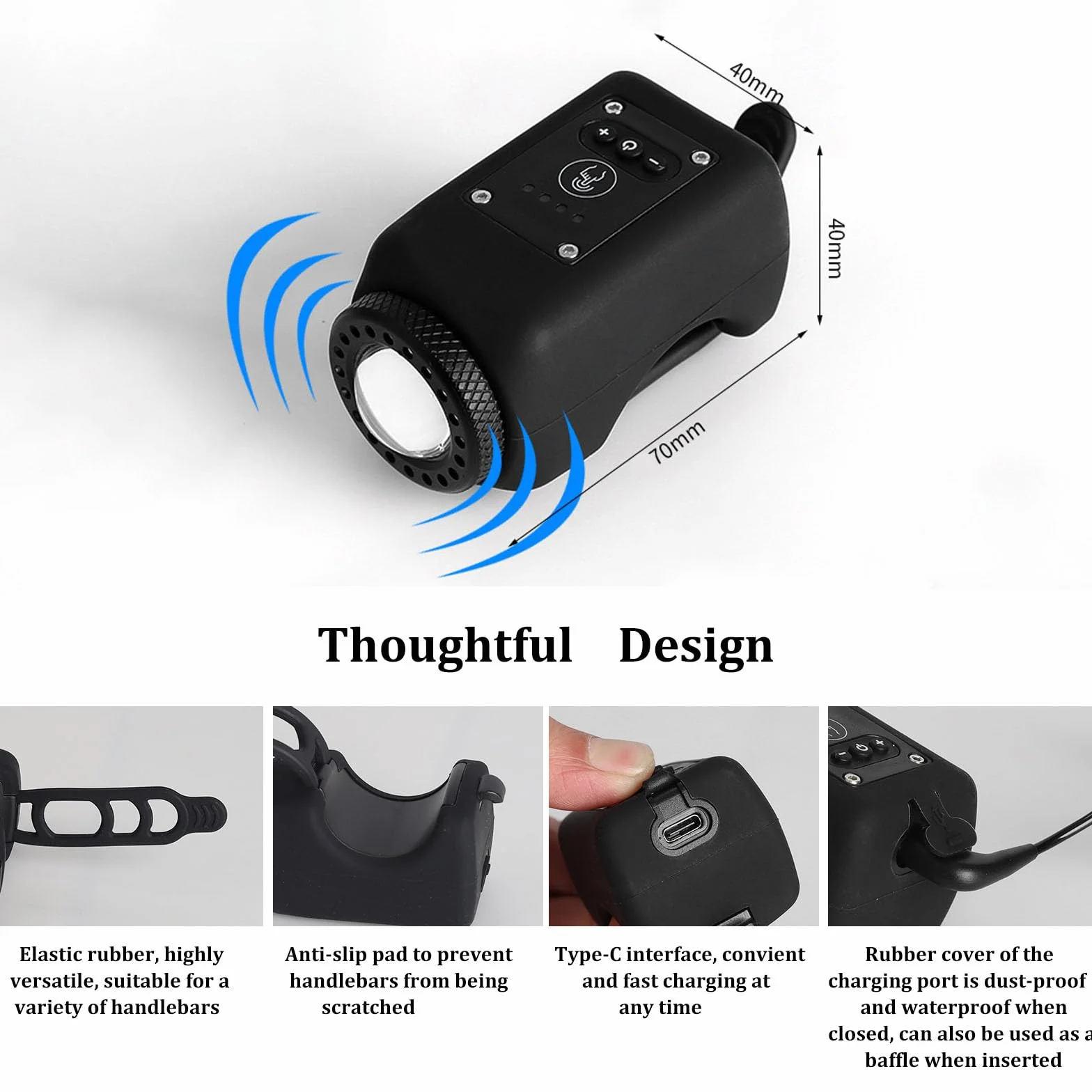Klaxon de Vélo Électronique avec Lumière, Mini Sonnette 6 Sons, Phare Rechargeable USB-C, Volume Réglable, 4 Modes d'Éclairage, Résistant à l'Eau