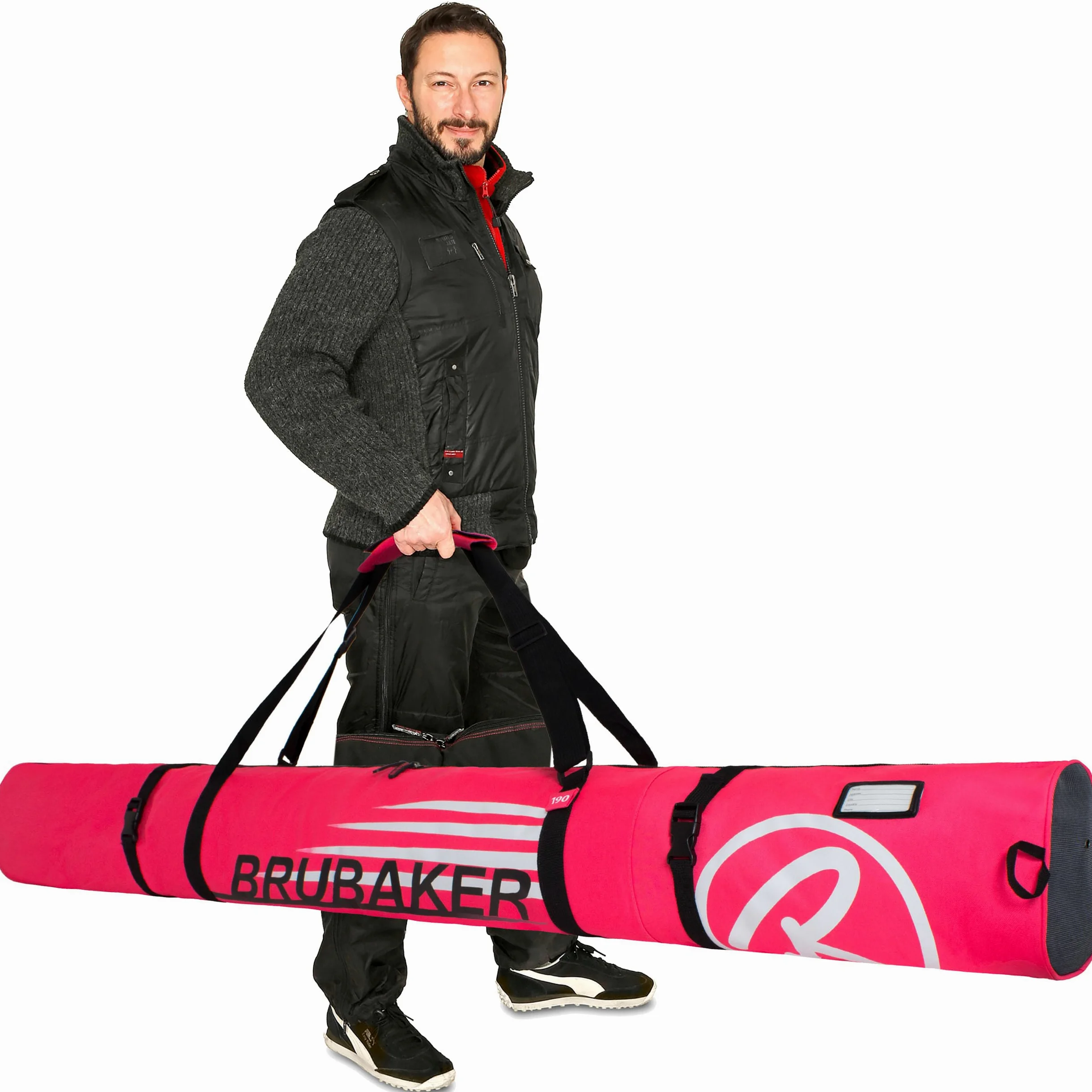 BRUBAKER Set de Ski ‘Champion’ - Série limitée - Housse à Skis et Sac à Chaussures de Ski pour 1 Paire de Skis + Bâtons + Chaussures + Casque - 190 cm - Fuchsia Fluo Blanc