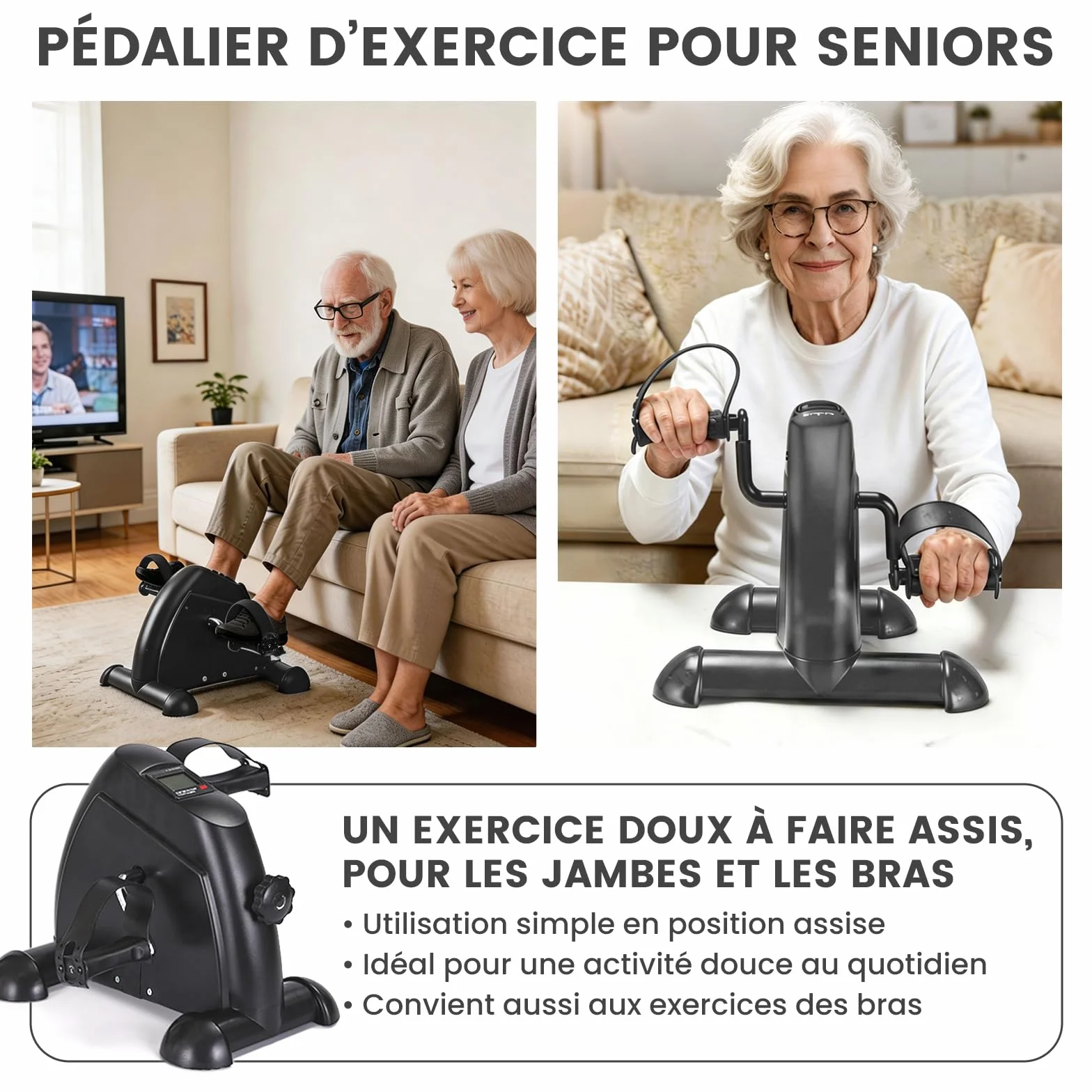 Mini vélo d'exercice pour personnes âgées, pédalier compact portable, rééducation jambes et bras (noir)