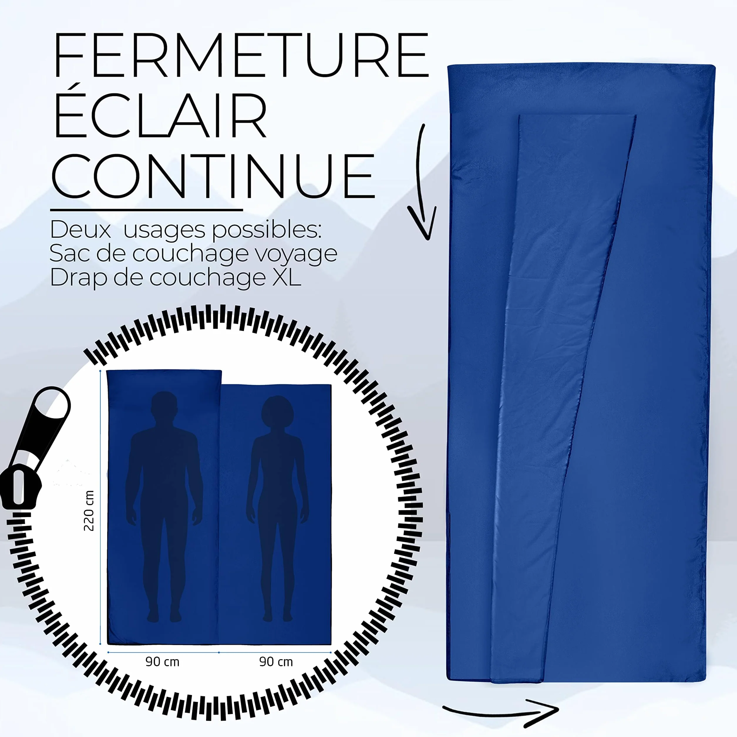 Miqio® Sac de Couchage 2 en 1 avec Fermeture éclair Ultra-léger pour Voyage XL