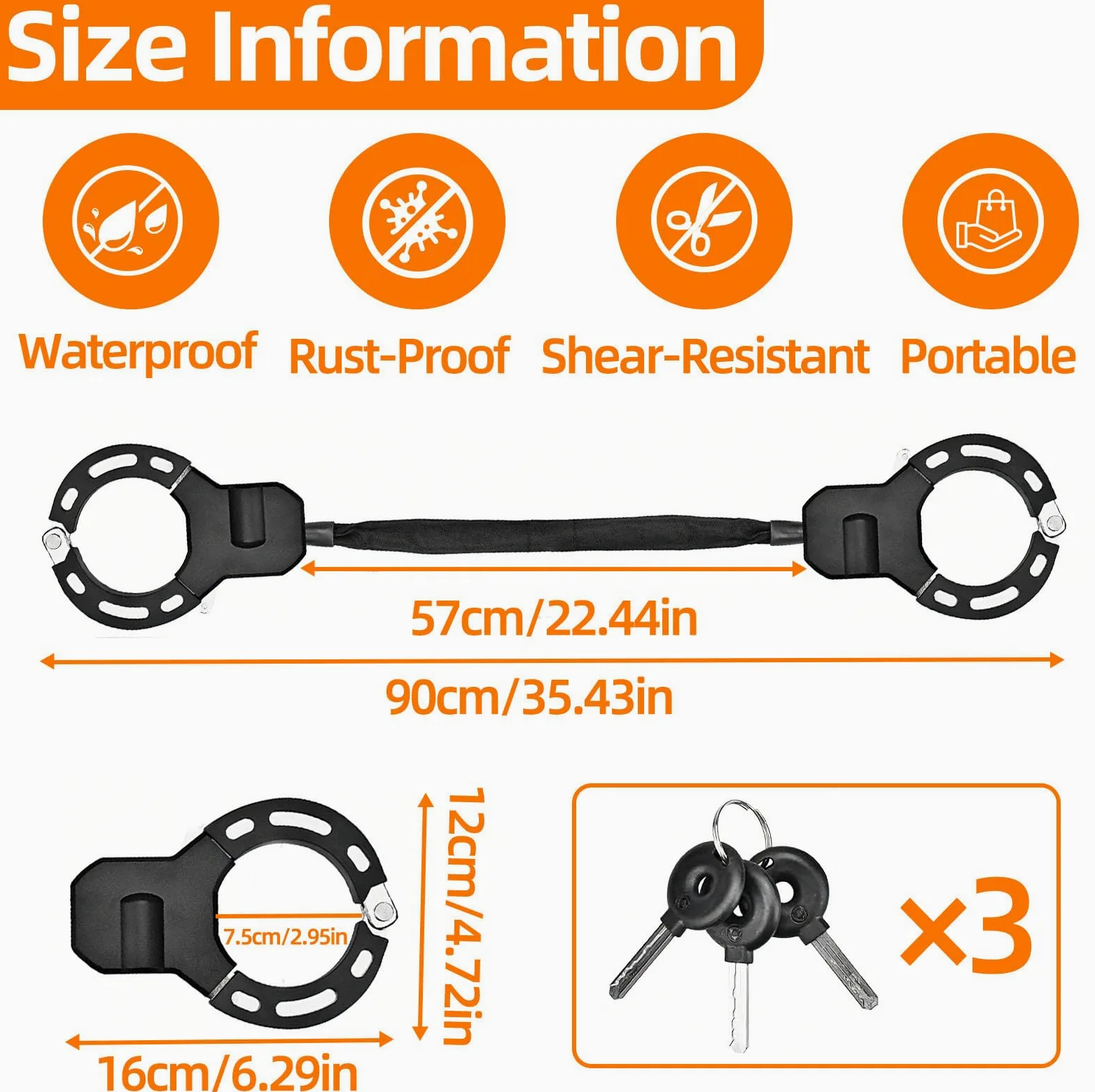 Antivol Trottinette Electrique avec 3 Clés, Cadenas Velo Sécurité 90 cm, Chaînes Scooters Robuste 8 mm, Verrouillage Menotte pour Poussettes, Scooter, Vélos, Motos, Portail, Clôture