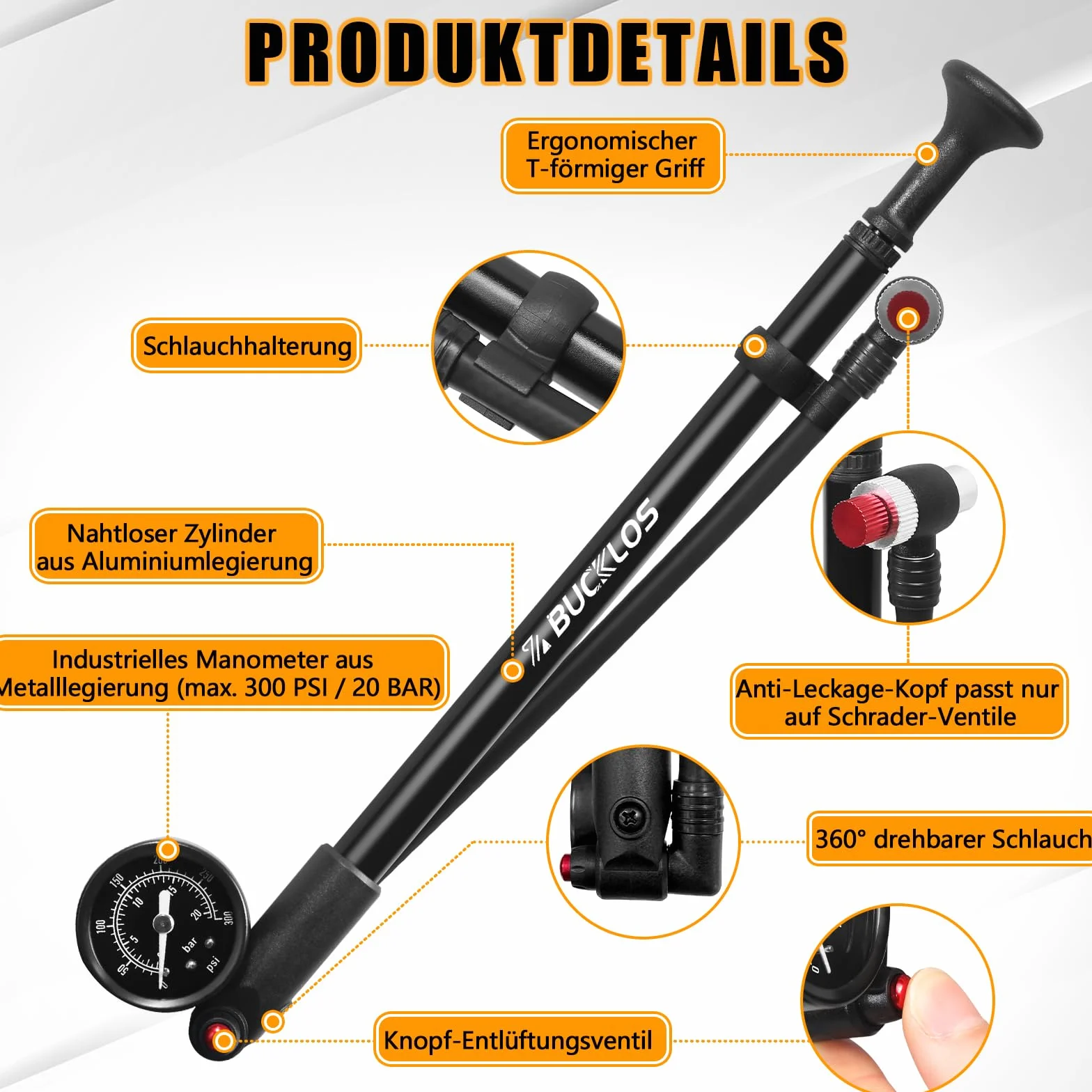 Pompe à choc haute pression 300/400 psi pour VTT et vélos de route avec manomètre