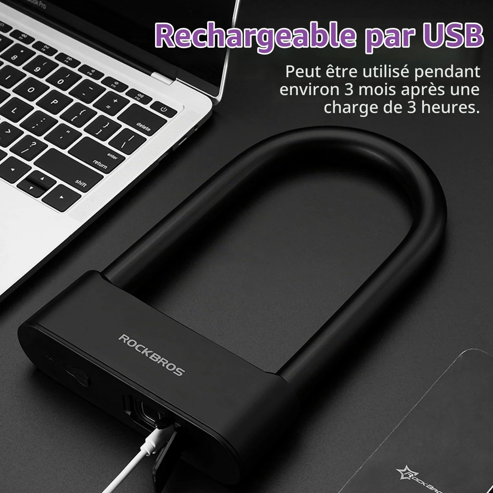 ROCKBROS Antivol à Empreinte Digitale, Étanche IP6 pour Vélo, Antivol à Clé Bluetooth, Recharge USB pour Vélo, Gravel, Scooter, Moto, Gym, Bureau, Maison
