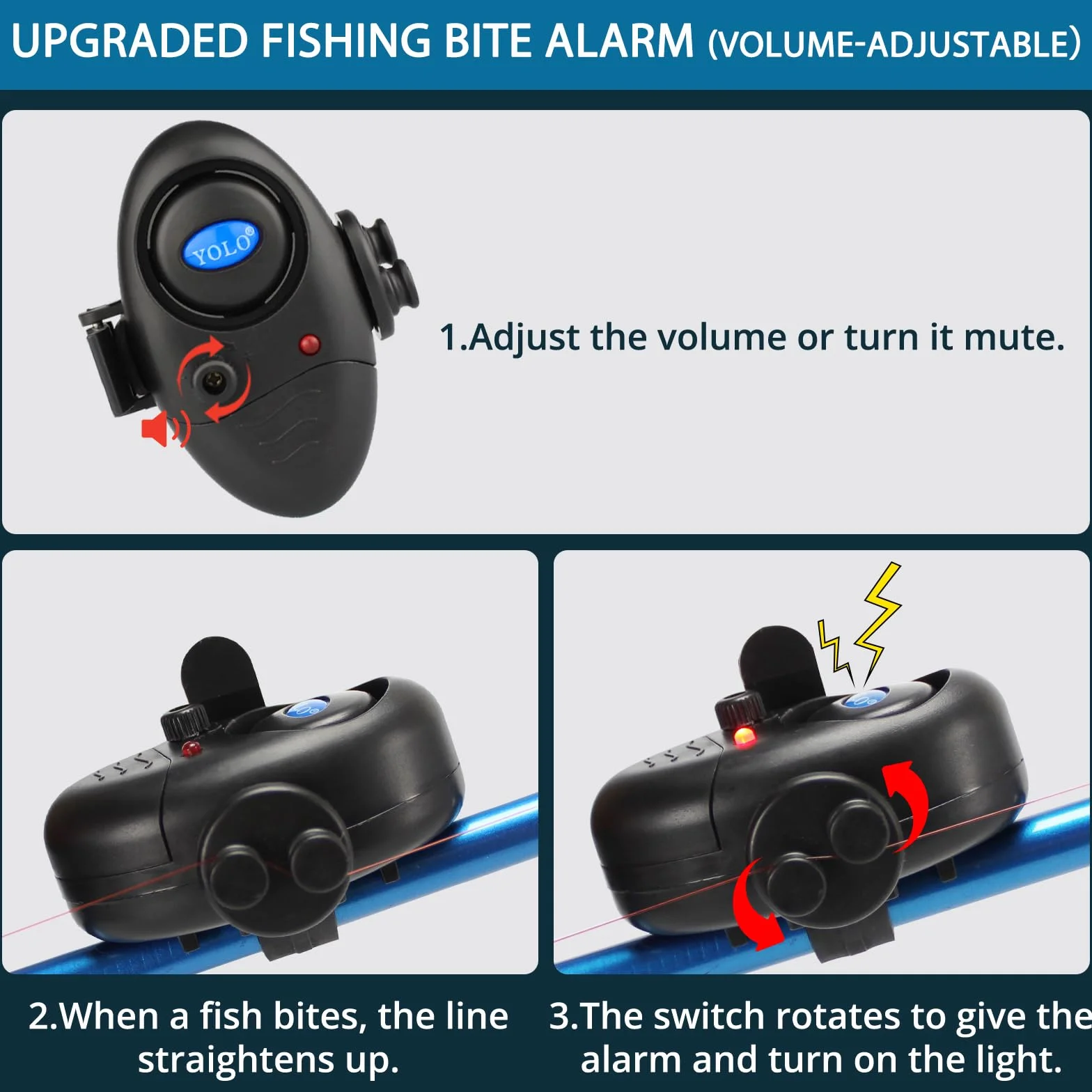 Alarme de Touche de la Canne à Pêche Détecteur Electronique Sensible Sondeur Son d'Alarme Réglable avec Indicateur LED pour Pêche Nuit Maritime Nocturne Pêcheur Amateurs Débutants