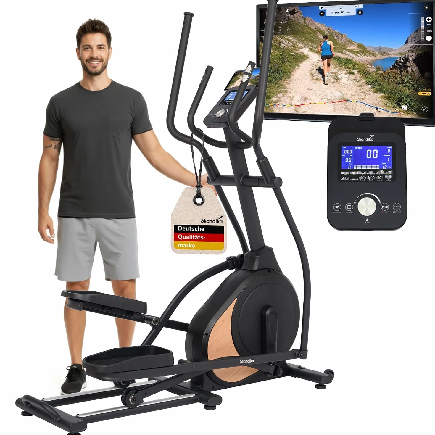 Skandika Vélo elliptique Carbon P18, 32 Niveaux de résistance, 13 programmes, écran LCD, Max 135KG