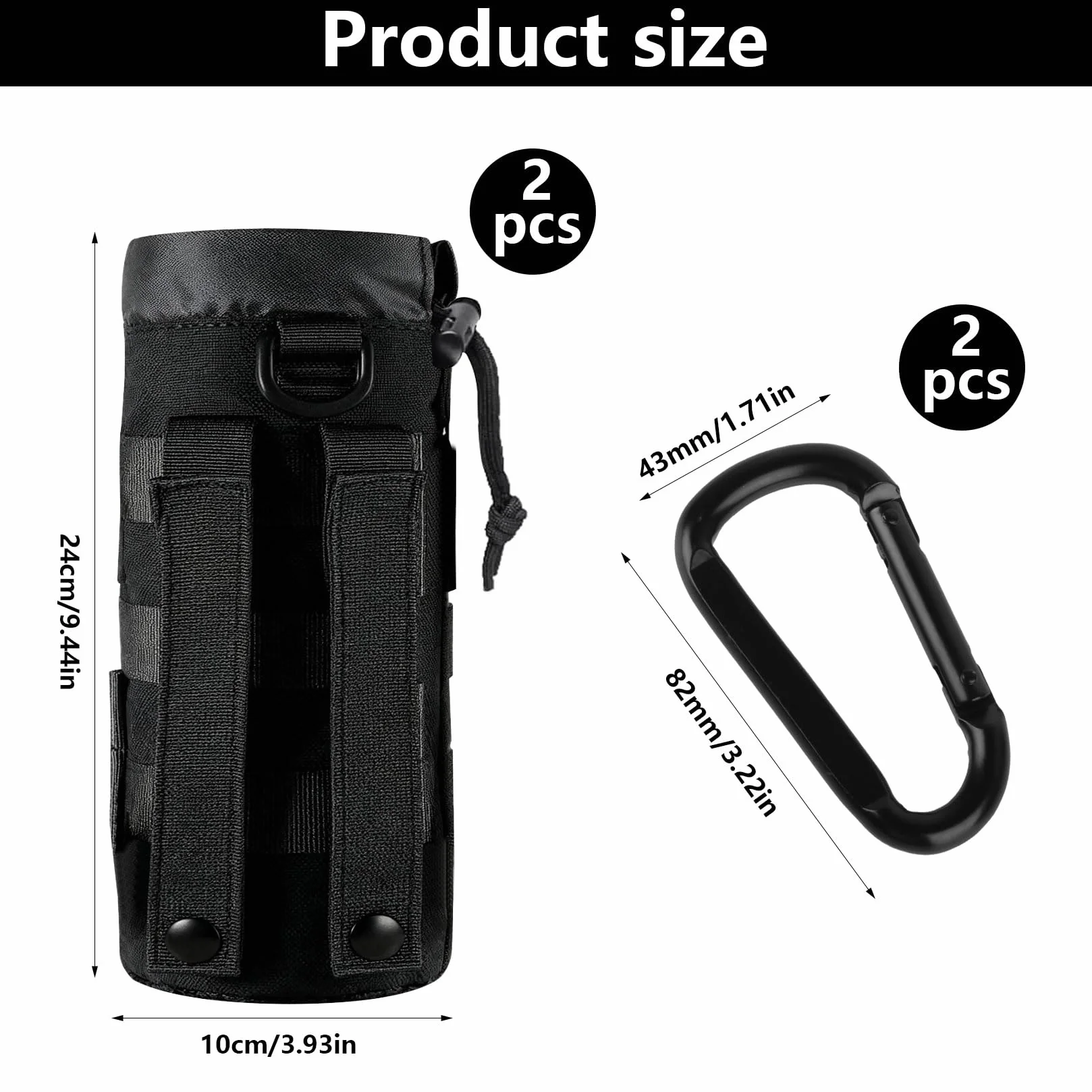 Lot de 2 Porte-Bouteilles Tactiques pour Ceinture Molle, Sac à Dos Portable avec Cordon de Serrage, Camping + 2 Mousquetons
