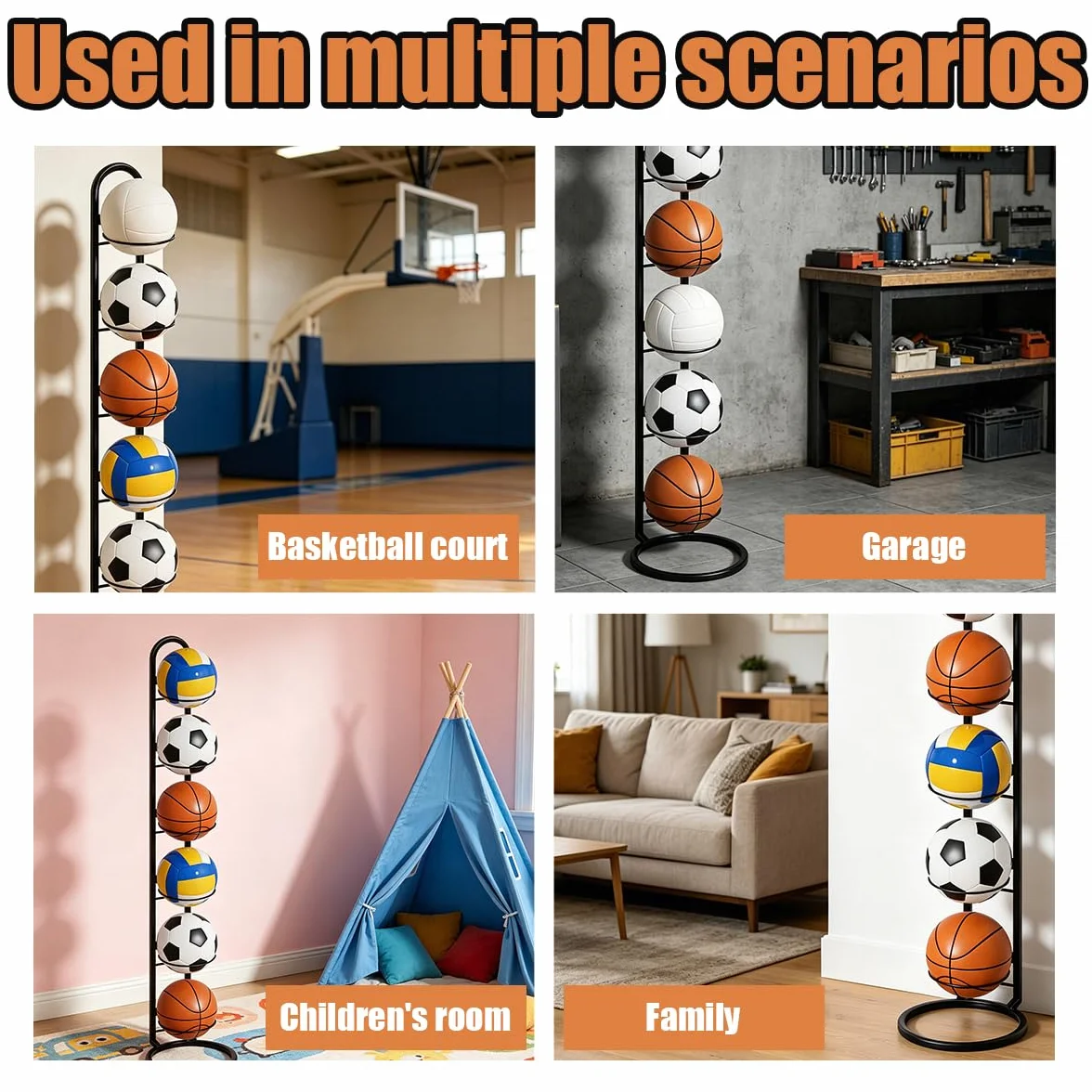 Support Ballon Basket en Métal 6 Niveaux, Rangement Vertical, Porte Ballon Amovible pour Football, Basketball, Volleyball, Rugby