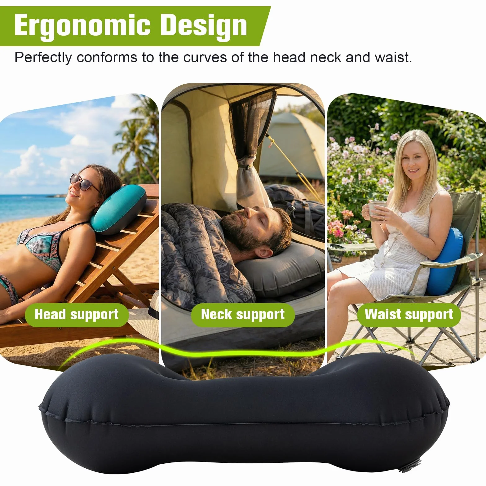 Oreiller Camping Gonflable Ultra-Compact Léger Voyage Support Ergonomique Noir