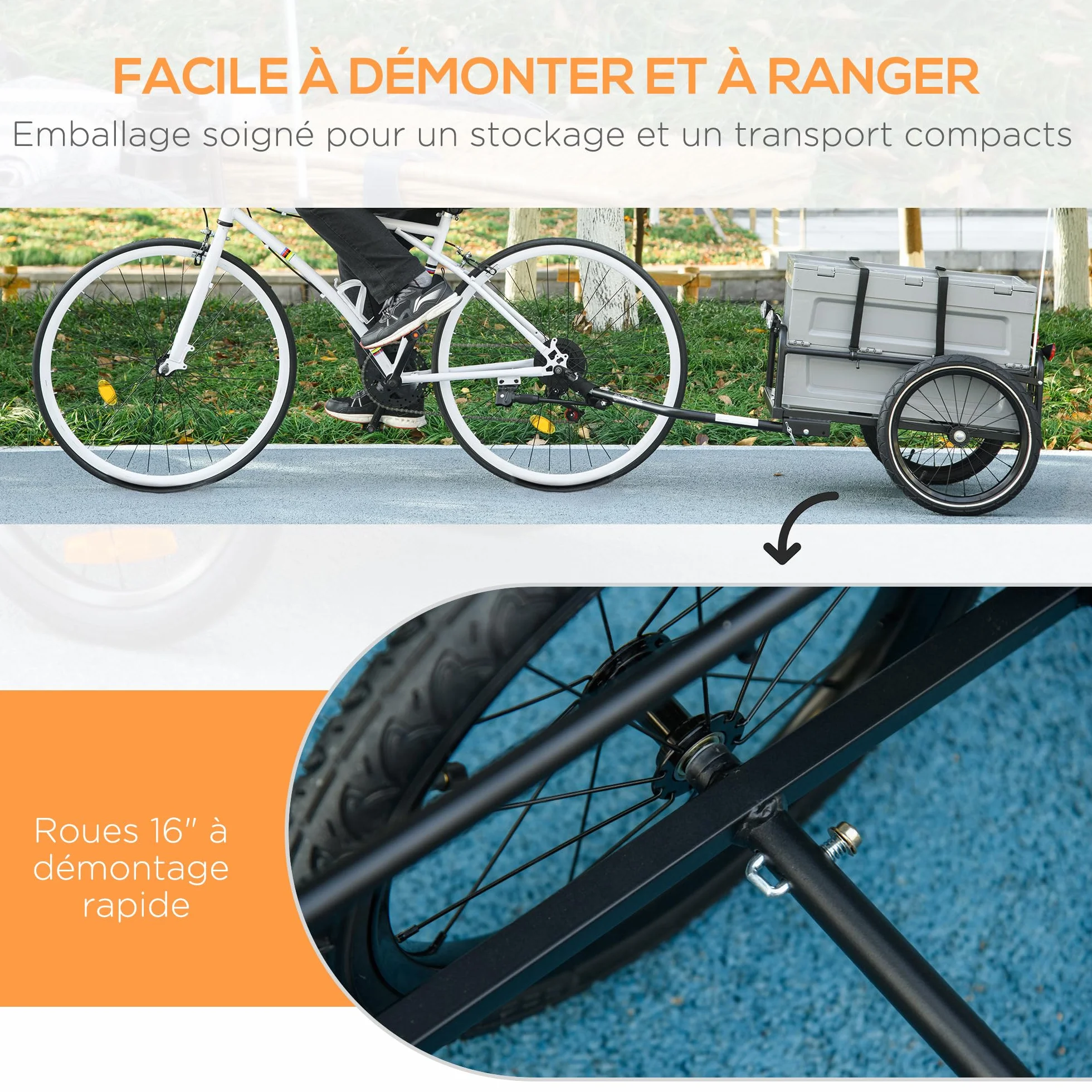 HOMCOM Remorque Chariot à vélo 65L Pliable Amovible Coffre de Rangement 40KG Gris