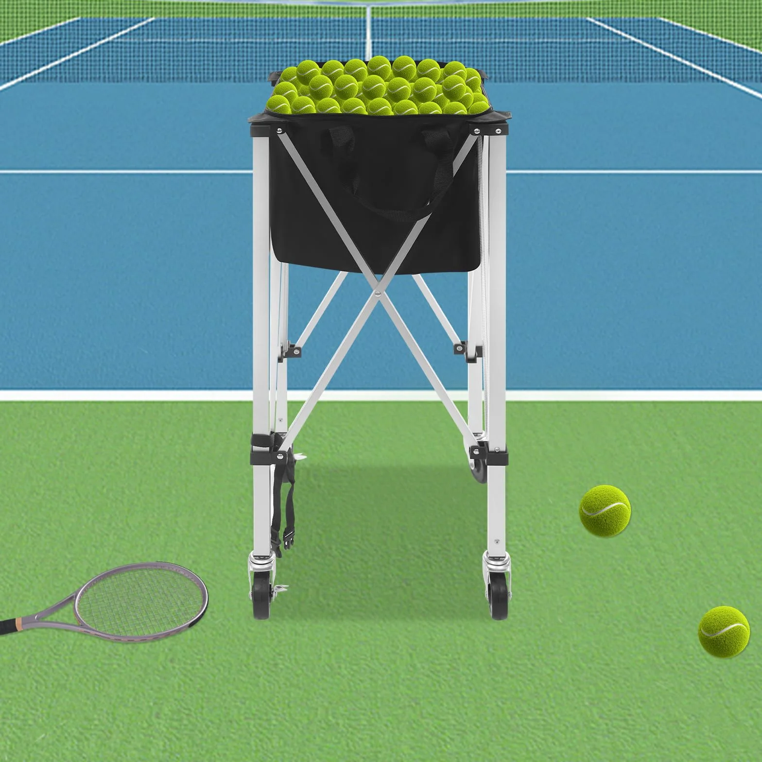 Chariot à balles de tennis pliable, panier à balles de tennis léger avec roues, chariot de balle portable en aluminium, chariot pour balle de tennis, baseball