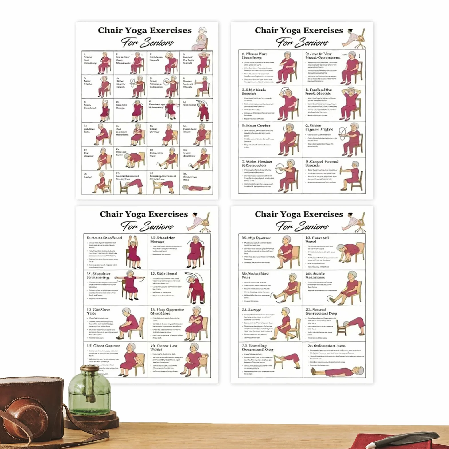 Poster de yoga sur chaise, routines organisées, 5 défis de 30 jours, tableaux d'exercices laminés, affiche d'entraînement de yoga pour personnes âgées