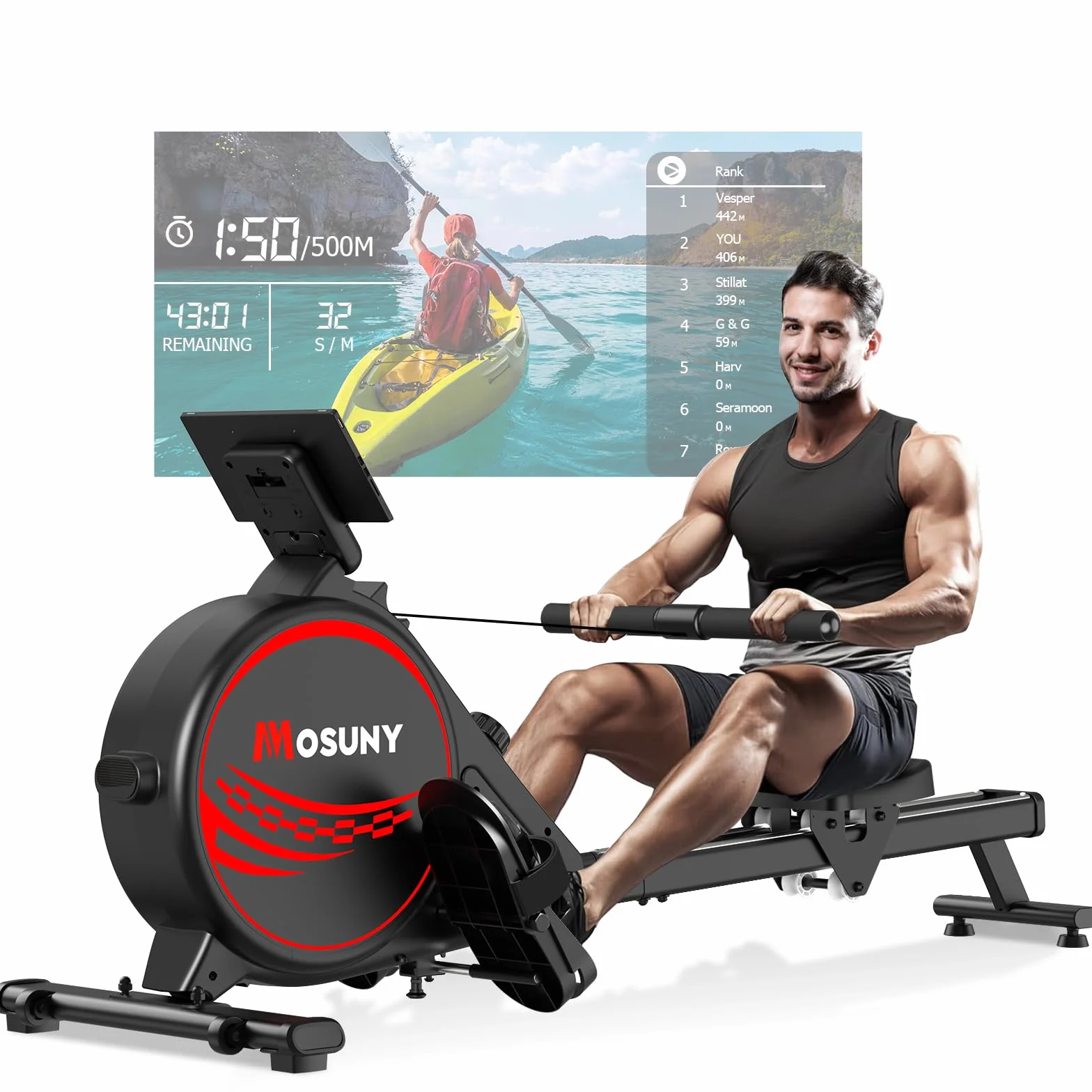 MOSUNY Rameur Magnétique 16/32 Niveaux Résistance Glissières Doubles Ultra Silencieux 160/180 kg