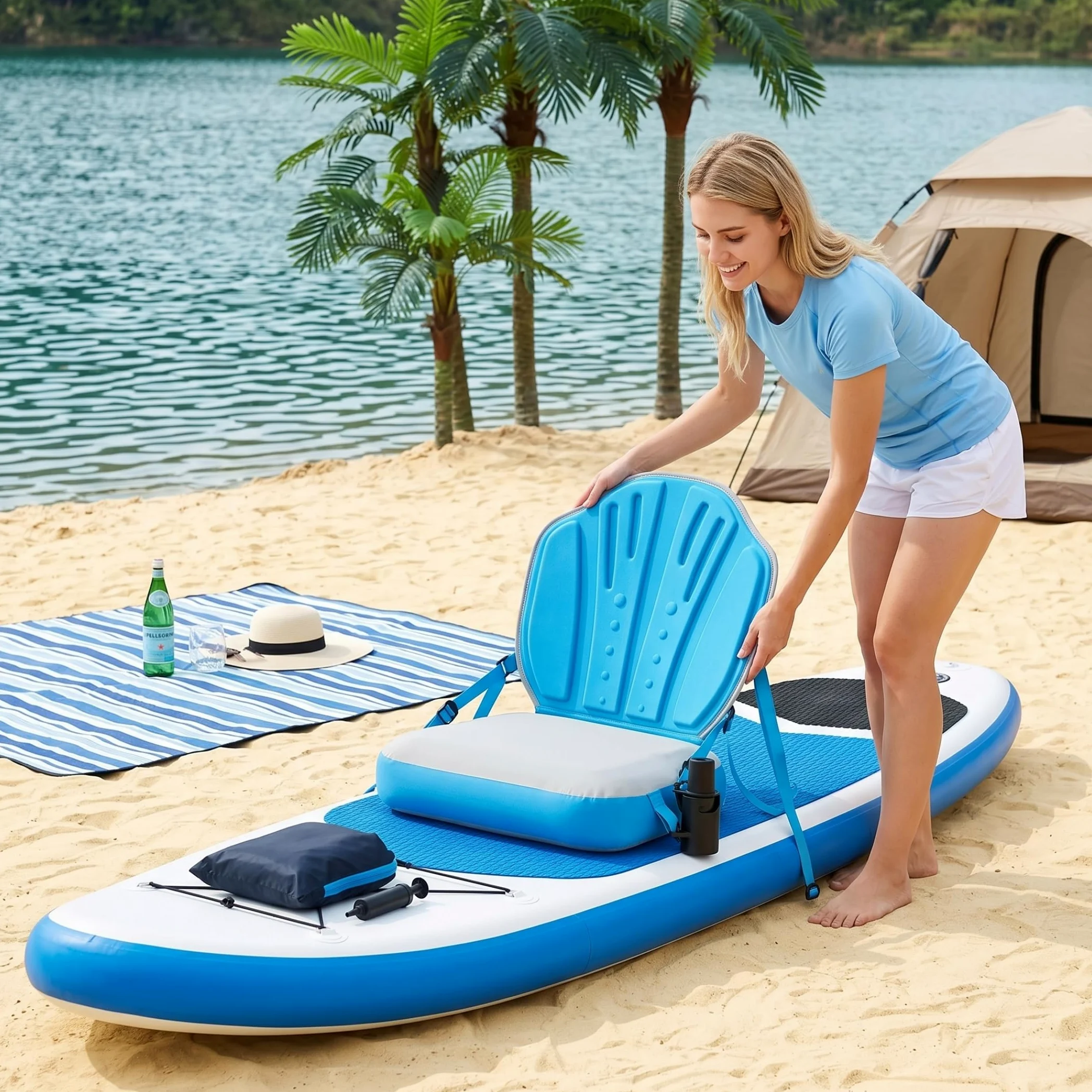 Siège de Paddleboard Gonflable, sièges de Kayak réglables avec Poche Rangement – ​​Bleu et Blanc – Planche Paddle pour Planches gonflables