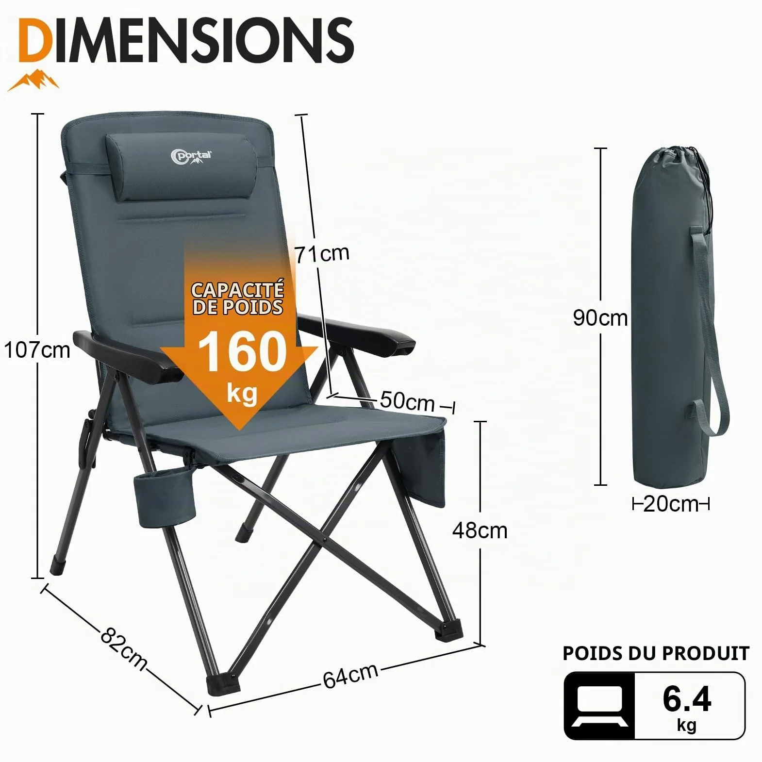 Portal Chaise Pliante Camping – Fauteuil de Jardin Portable Inclinable 160kg, Dossier Haut Réglable 3 Positions – Transat Confortable pour Plage, Terrasse, Balcon, Extérieur