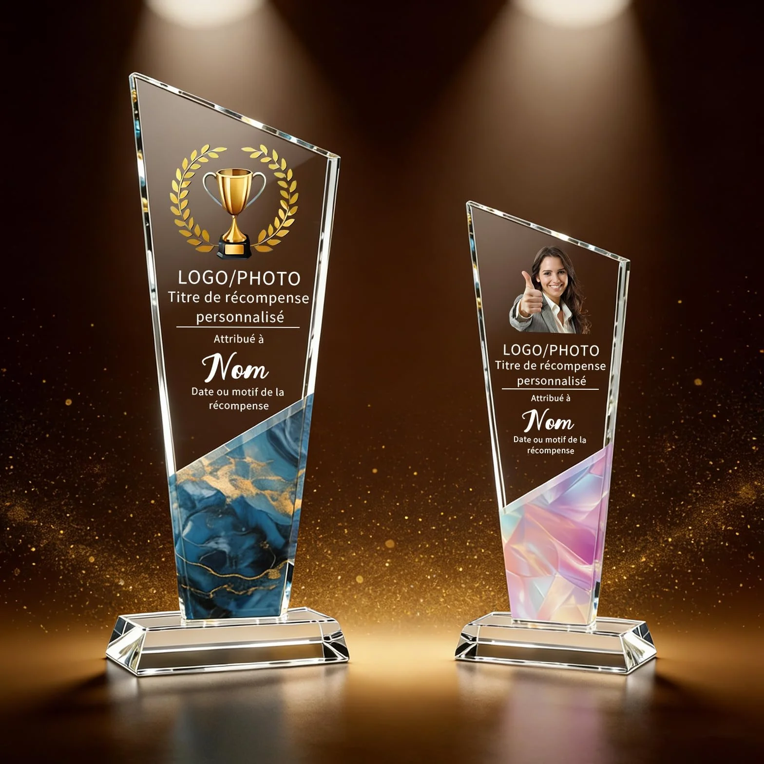 WBW Trophée Personnalisé en Cristal K9 avec Logo Photo et Texte Plaque Gravée Personnalisée 10–20 cm, Récompense en Cristal pour Employé du Mois Anniversaire Retraite Football