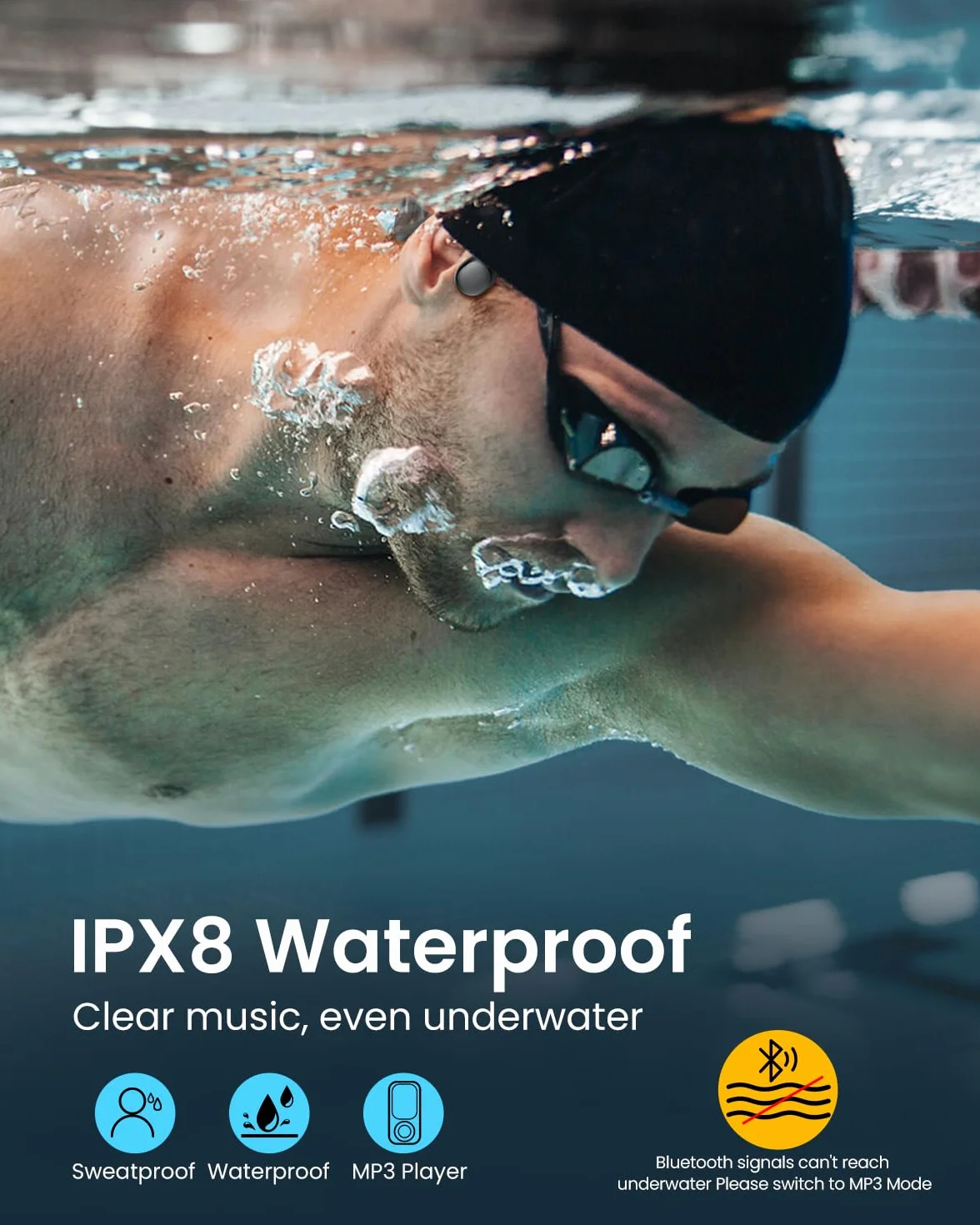 HIFI WALKER Casque Conduction Osseuse Bluetooth sans Fil IPX8 Lecteur MP3 32Go Etanche Natation