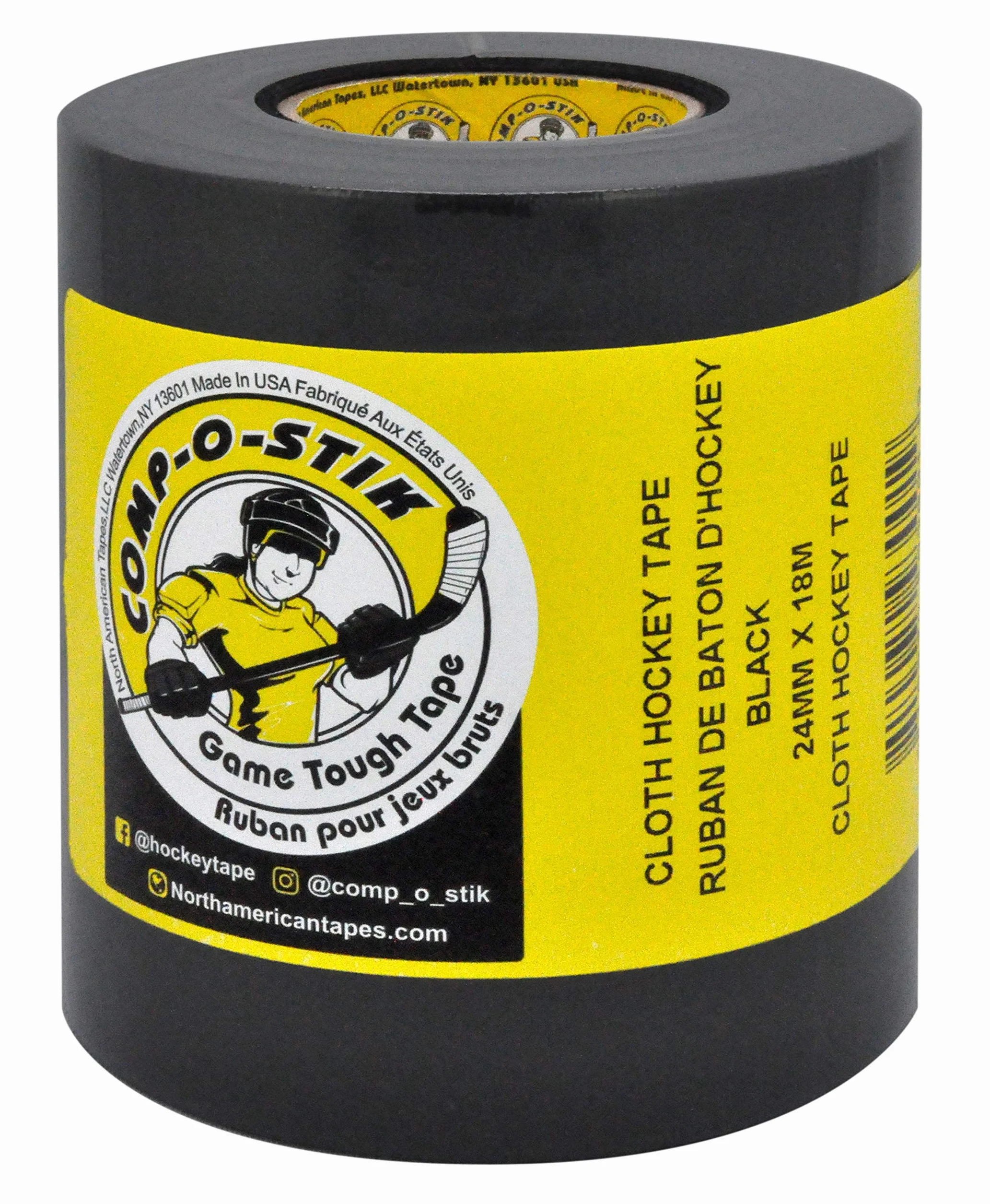 COMP-O-STIK Hockey Tape Black 24MM X 18M 4 Pack Multi-Purpose Strong Durable Cloth Tape for Sticks and Grips