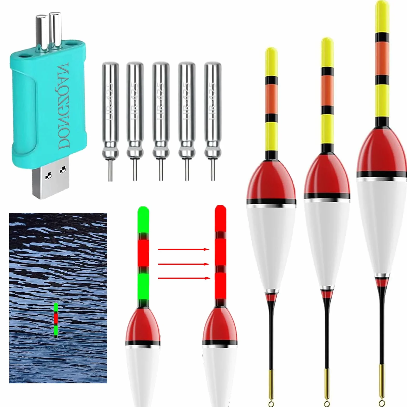 DONGZQAN 3 Pièces Bouchon Lumineux Peche, Flotteur Peche, Flotteurs pour Pêche, Detecteur de Touche Peche avec Boucle Alarme de Touche, pour la Pêche en Mer et La Pêche de Nuit