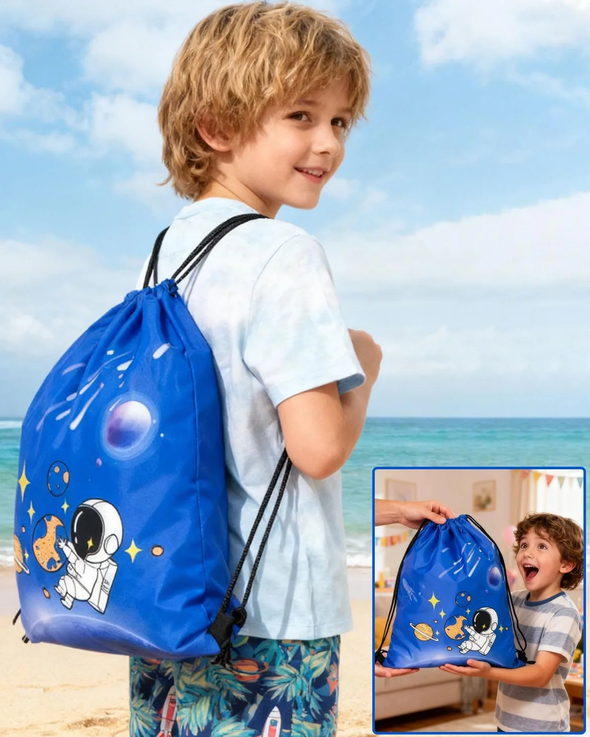 Sac à dos à Cordon pour Enfants étanche - Sac de Sport Plage Natation École Voyage avec Poche Zippée