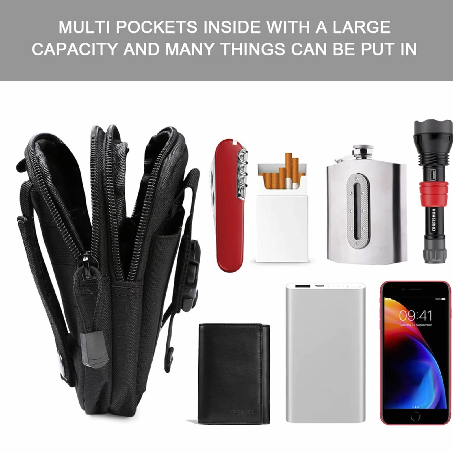 Flintronic Sac Tactique Ceinture Nylon Noir Molle EDC Gadget pour Téléphone Plein Air Randonnée Alpinisme Cyclisme avec Mousqueton