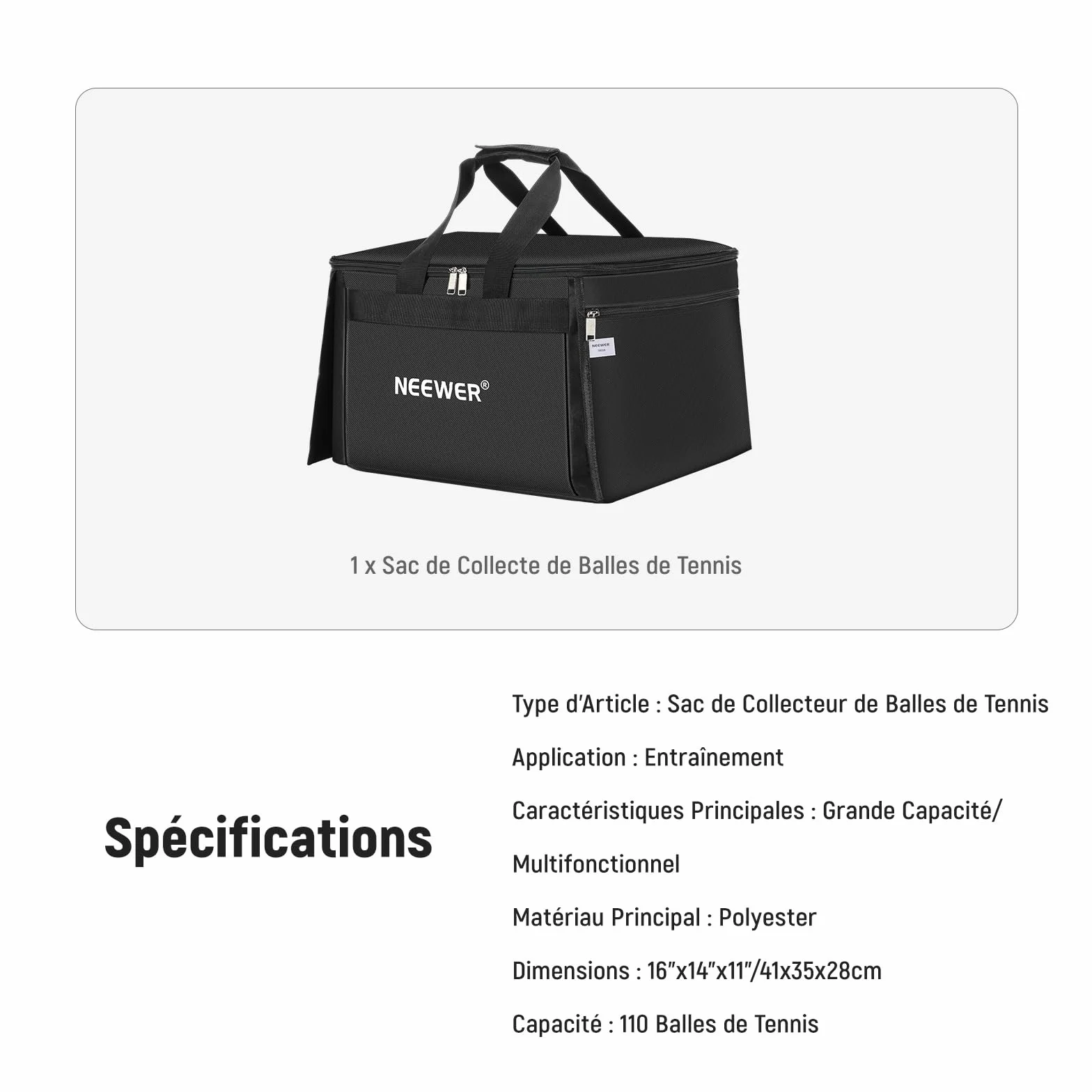 NEEWER Sac de Transport pour 110 Balles de Tennis & Pickleball Polyester Robuste pour Chariot ramasseur TB01S, Panier Caddy Léger & Portable pour Baseball & Golf avec Poches Latérales, TB01B