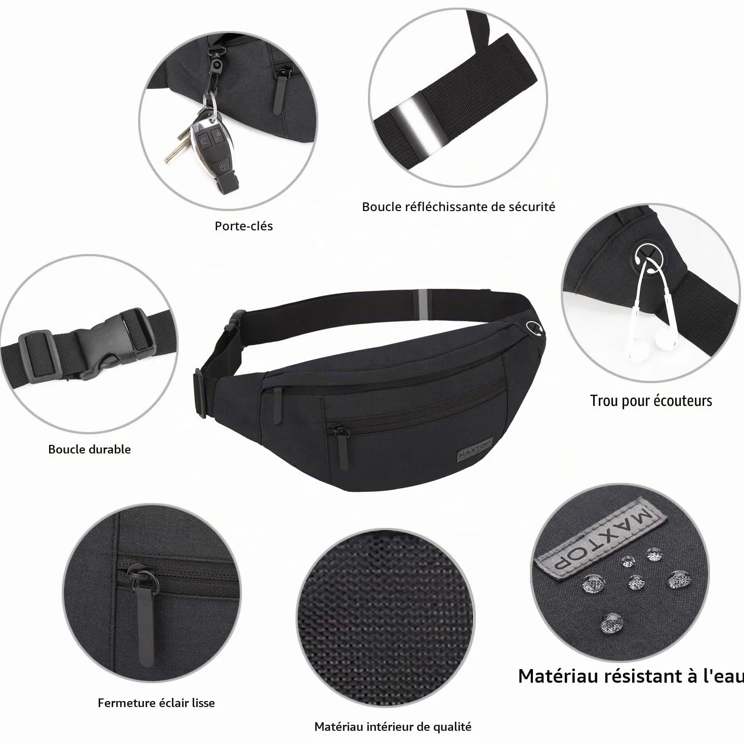MAXTOP Grand Sac Banane pour Femme et Homme, Sac Banane avec Prise Casque et 4 Poches zippées, Ceinture réglable pour Le Cyclisme, la Course, Le Jogging, Les Voyages, l'extérieur