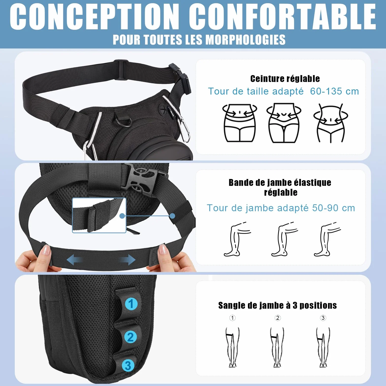 Eshow Sacoche de Jambe Moto Capacité Extensible, Sac Banane Femme Homme avec Bande Réfléchissante, 1 Clip à Gourde, 2 Mousquetons pour Randonnée Pêche