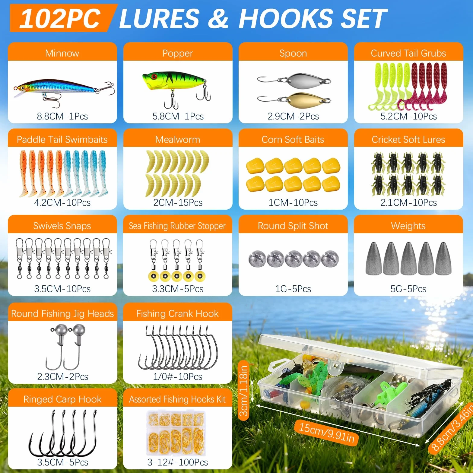 Lot de 2 cannes à pêche télescopiques 1,8 m/2,1 m avec 102 accessoires kit de pêche complet pour débutants