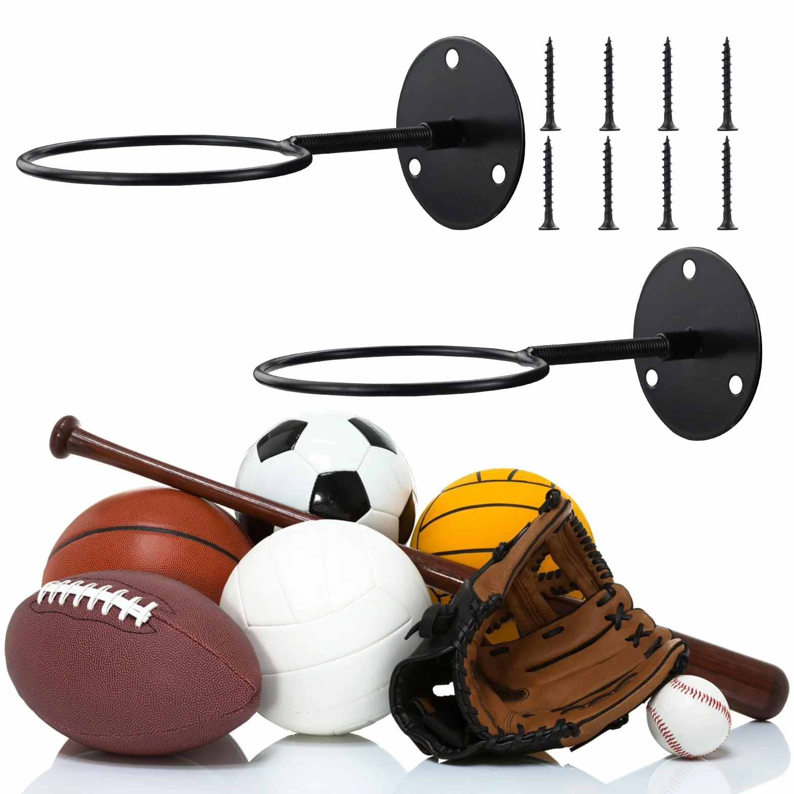 Lot de 2 supports muraux en métal pour basket-ball, football, volleyball (noir)