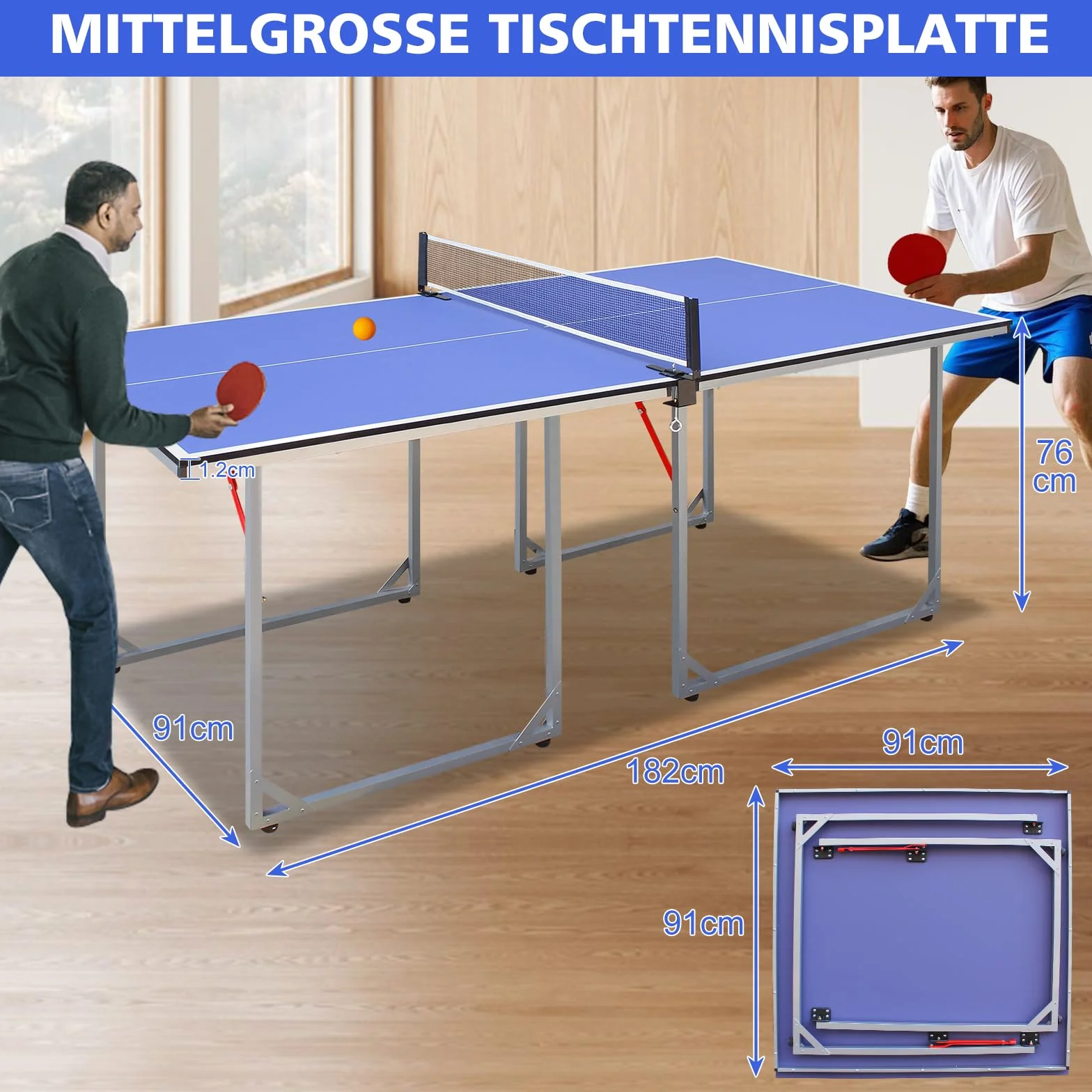 Table de ping-pong pliable, 182 cm x 91 cm, taille moyenne, set de table multifonction, avec filet, 2 raquettes de tennis de table et 3 balles