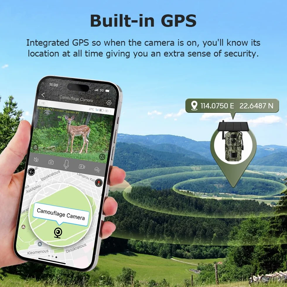 Caméra Solaire 4G LTE avec GPS – Caméra de Surveillance Extérieure, Carte SIM Compatible, Batterie + Panneau Solaire, Carte SD 32 Go Incluse, Vision Nocturne HD, IP66, Détection PIR (Verde)