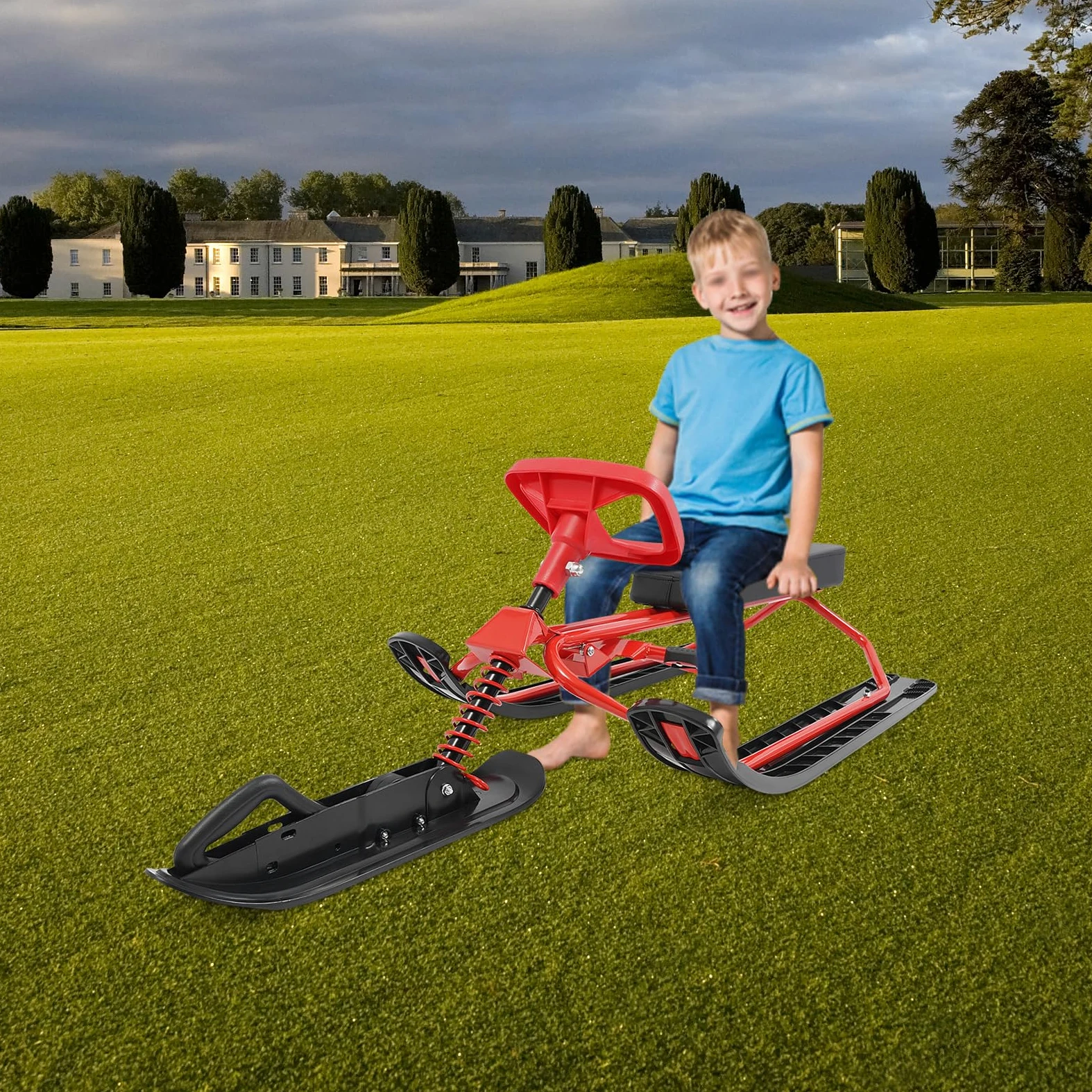 Luge de ski pour enfants avec volant et frein, 50 × 120 × 38 cm, 100 kg, rouge + noir, siège en polyuréthane, luge d'hiver avec ressort et corde de traction, pour enfants, adolescents et adultes à