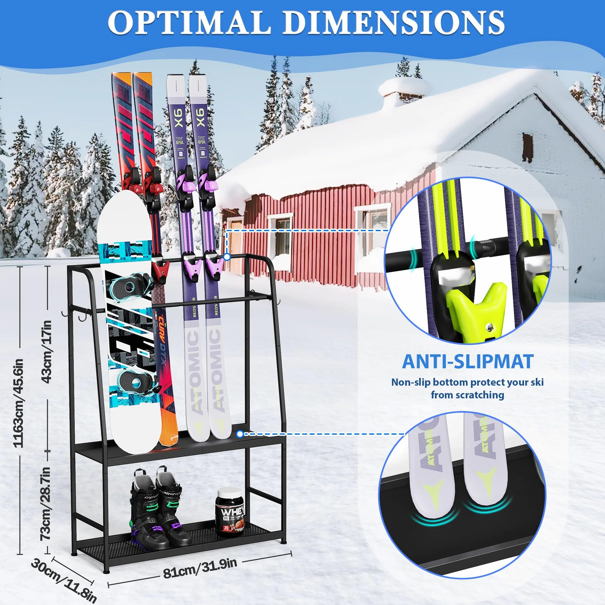 Support de ski pour le garage, étagère de rangement pour skis, snowboard, chaussures de ski, bâtons de ski, lunettes de ski et casques, organiseur de ski pour le garage ou la cave
