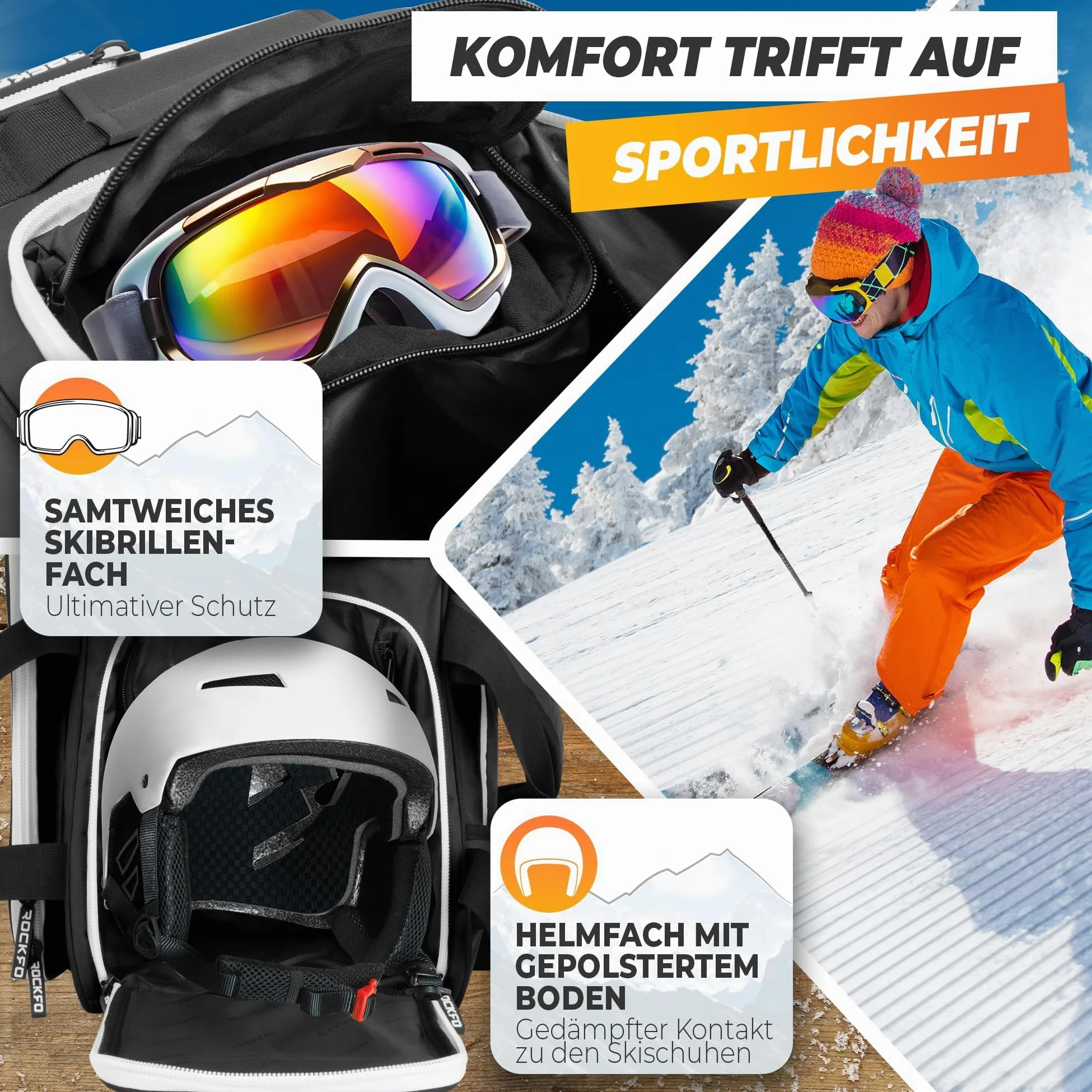 Sac à chaussures de ski avec compartiment pour casque, sac robuste pour chaussures de ski, sac imperméable avec compartiment pour casque, sac à dos pratique 7 zones pour chaussures de ski