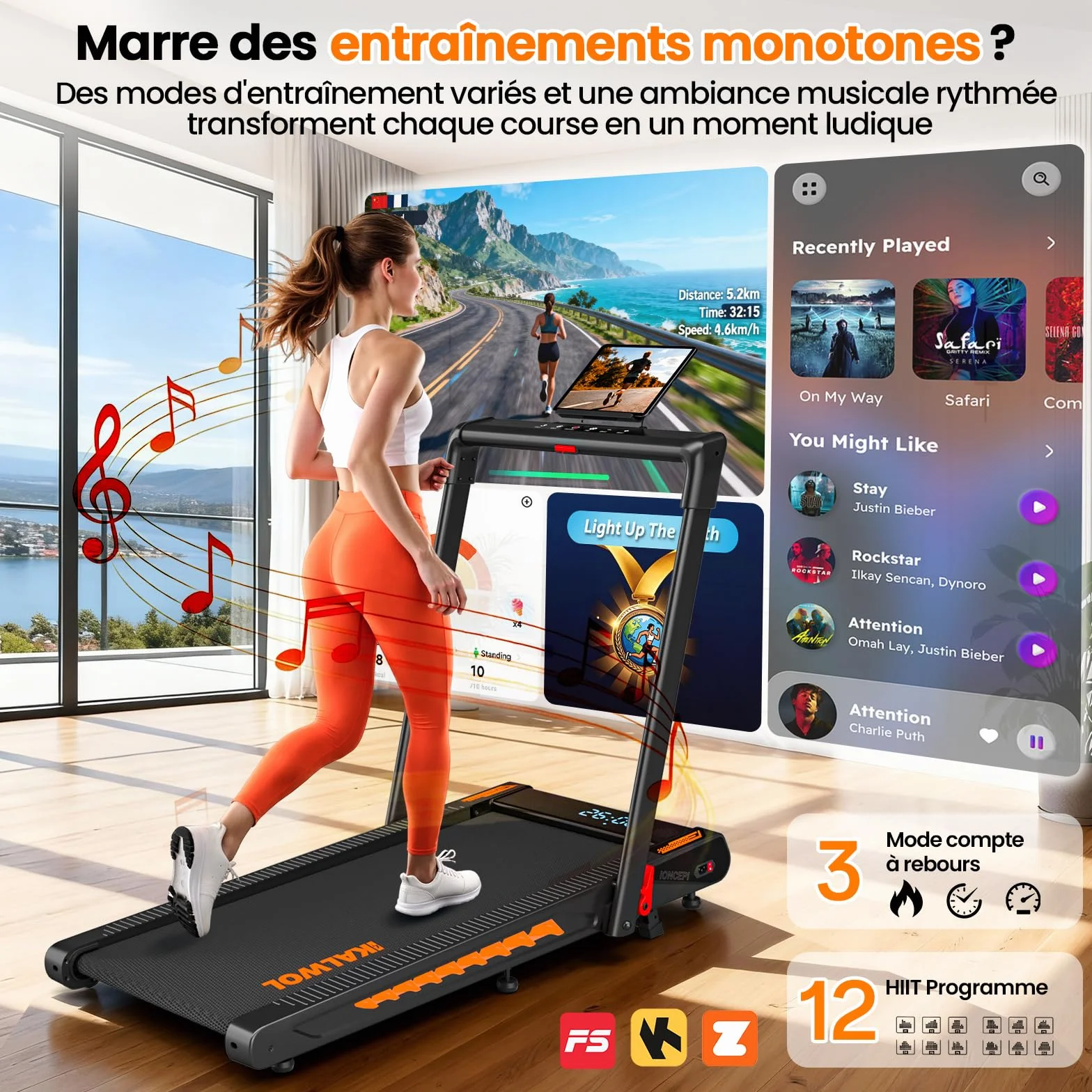 Tapis de Course 6 en 1 Pliable avec Enceinte Bluetooth, Moteur 3,0 CV, 12 KM/H, Charge 160 kg