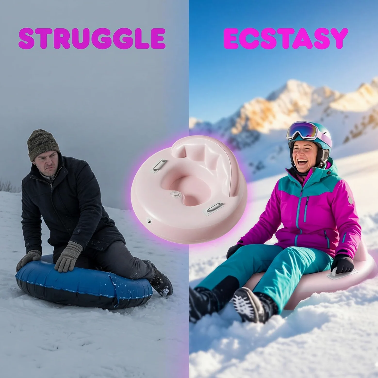 Bouée Neige Gonflable, Snow Tube Robuste avec Dossier Haut et poignées de Maintien, cœur Rose pour Adultes, Luge d’Hiver extérieure, matière épaisse résistante au Froid