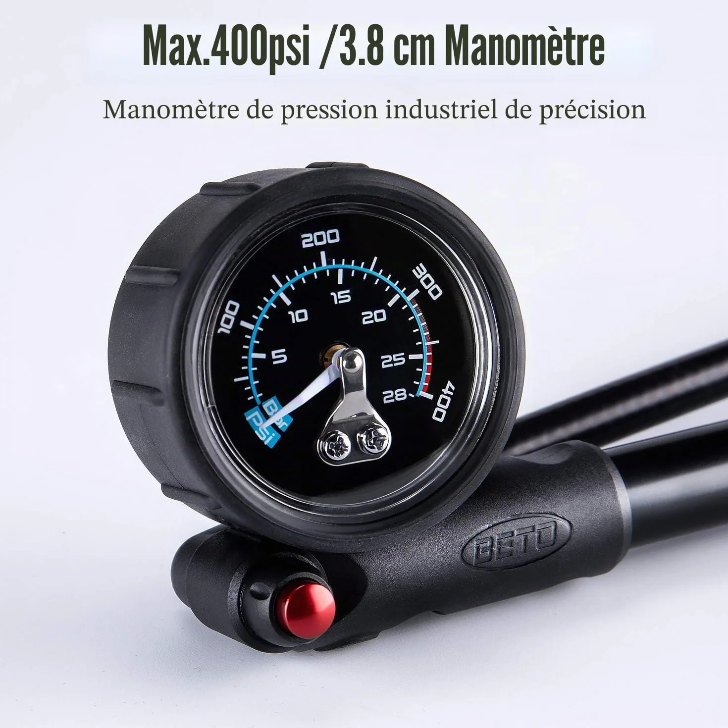 BETO Pompe à Chocs Haute Pression 400 PSI Max VTT pour Fourche et Suspension arrière Valve Schrader