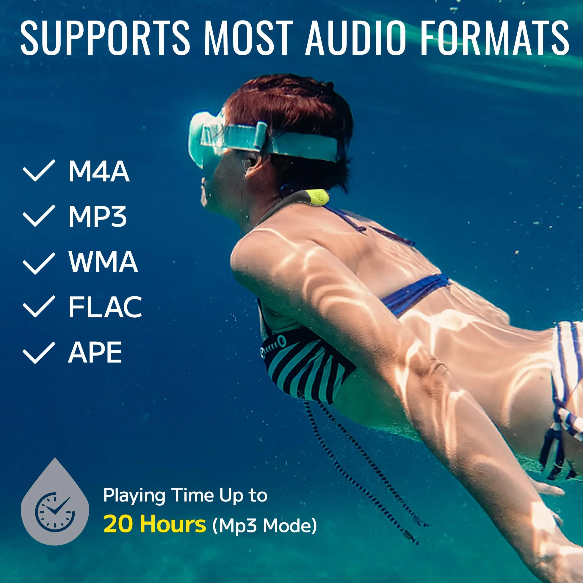 Tayogo Lecteur MP3 Natation Étanche IPX8 8GB avec Écouteurs Silicone, Autonomie 20 Heures