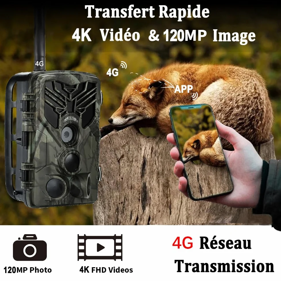 Camera de Chasse 4G APP, 4K 120MP Caméra Chasse avec Carte SIM, Envoi de Photos, Vidéo en Direct, Piege Photographique Nocturne Infrarouge