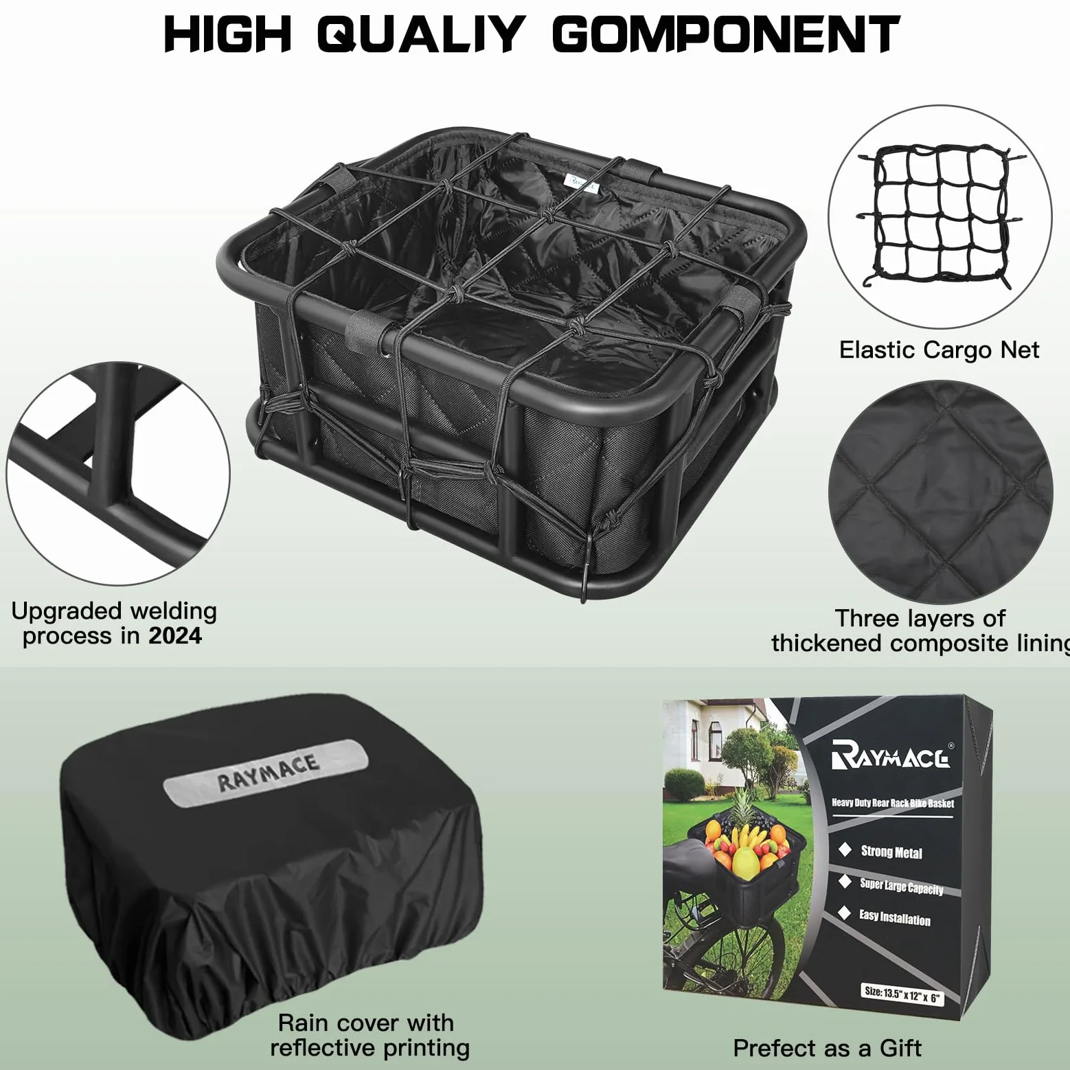 RAYMACE Panier arrière de vélo avec Filet de Cargaison, Housse imperméable et Doublure épaisse, Panier de vélo Robuste, Support Parfait pour vélo électrique